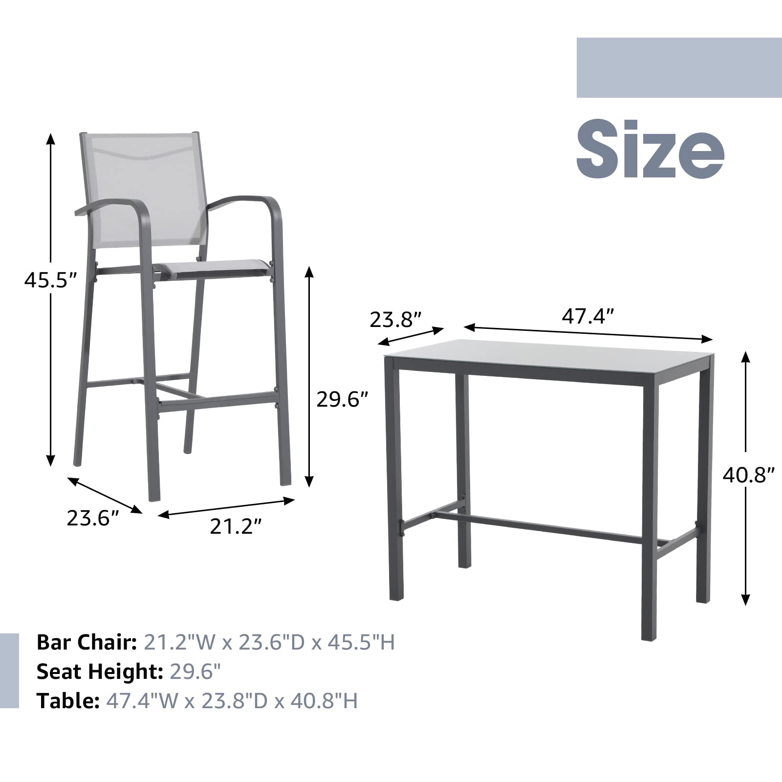 OC Orange-Casual 5-Piece Patio Bar Set - All-Weather Aluminum & Textile Fabric Outdoor High-Top Dining Table with 4 Metal Bar Stools & Glass Top Table - Dark Grey - Perfect for Porch, Garden, Backyard & Poolside Entertaining