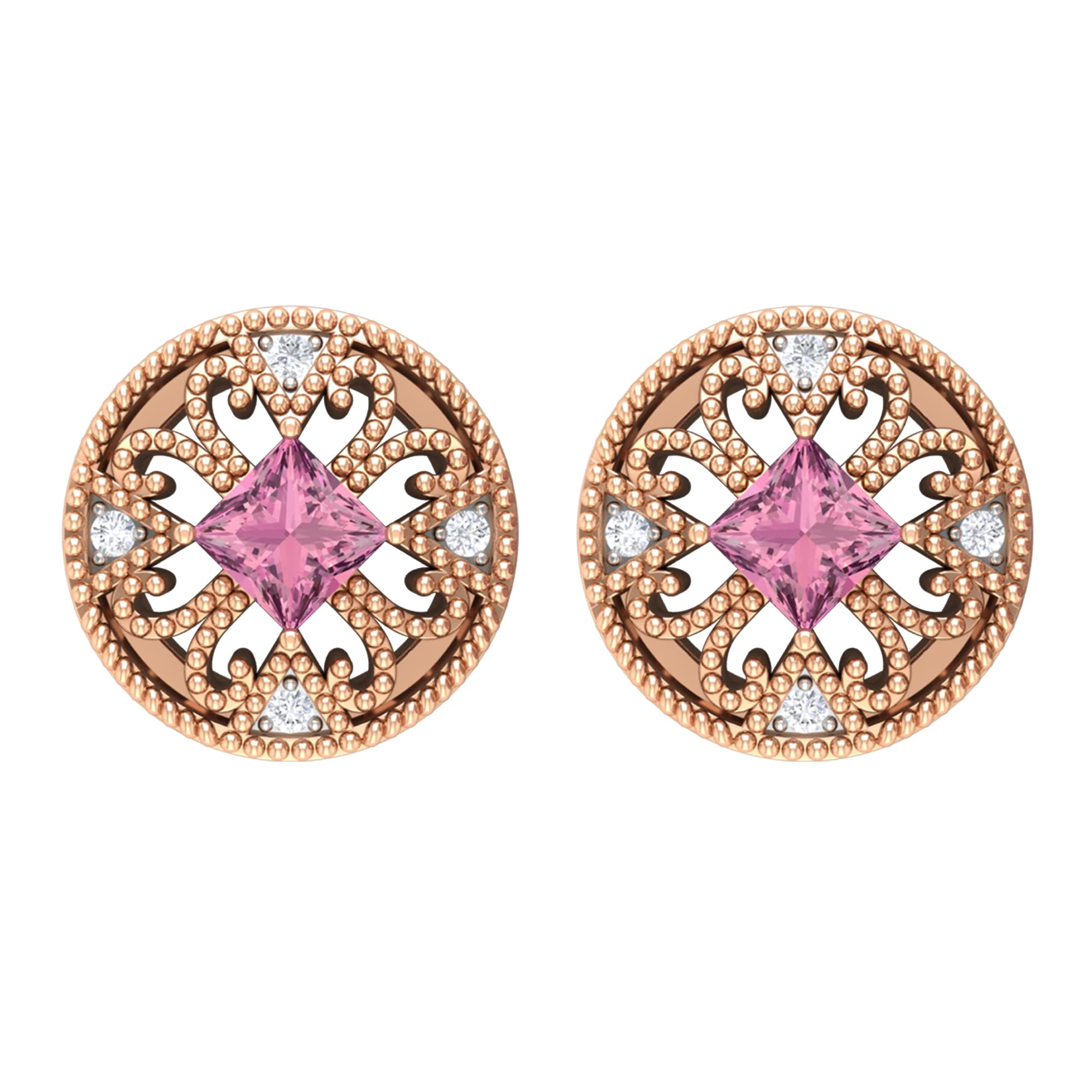 0.25 CT Pink Tourmaline Diamond Earrings for Women - 14K Solid Gold Princess Cut Stud Earrings with Gold Beaded Design | Perfect for Weddings, Anniversaries & Special Occasions