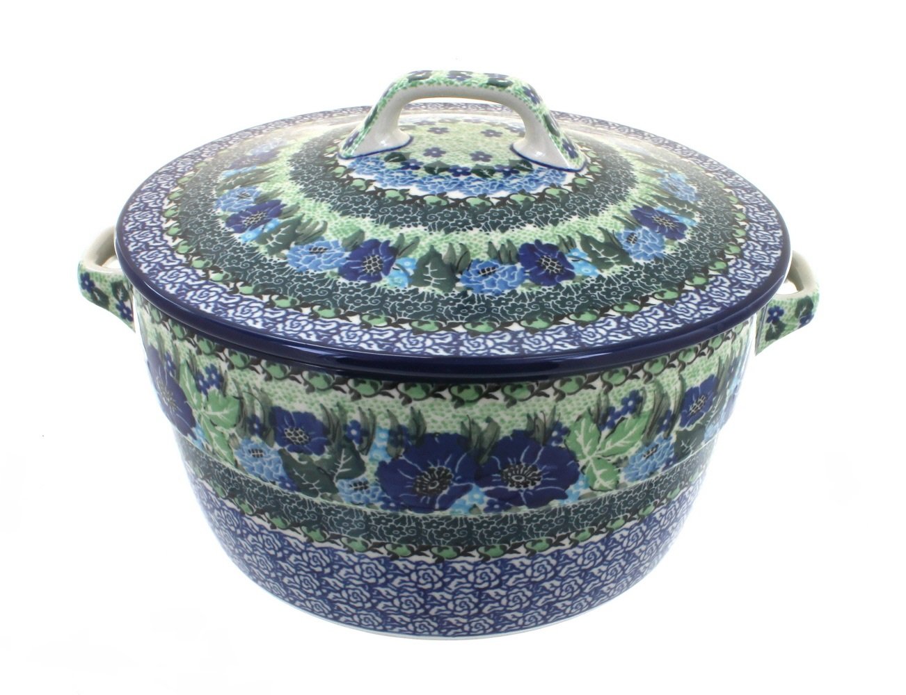 Blue Rose Polish Pottery Sapphire Fields Covered Round Baker - Handmade Ceramic Baking Dish for Casseroles, Pies & Bread - Perfect for Oven, Microwave & Dishwasher Safe