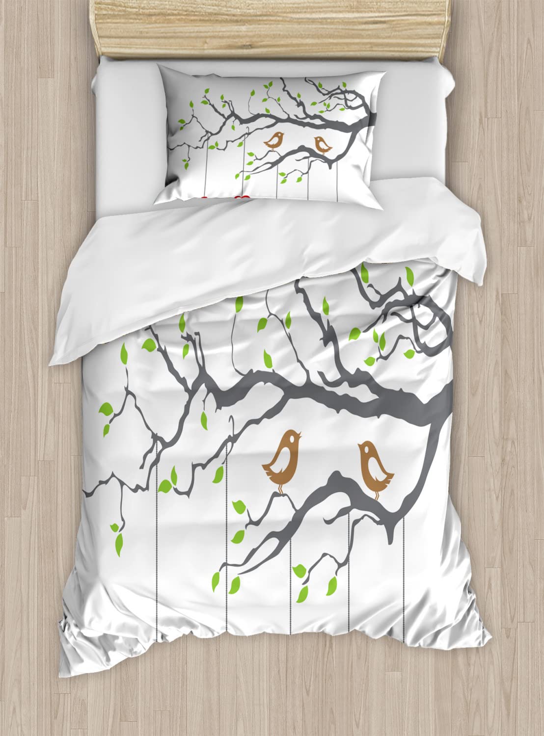Ambesonne Romantic Love Birds Duvet Cover Set - 2 Pack Cal King Size, Grey Red Fern Green, Tree Branch Art Print Bedding with 2 Duvet Covers & 4 Pillowcases - Perfect for Spring Bedroom Decor, Couples Gift & Cozy Home Styling