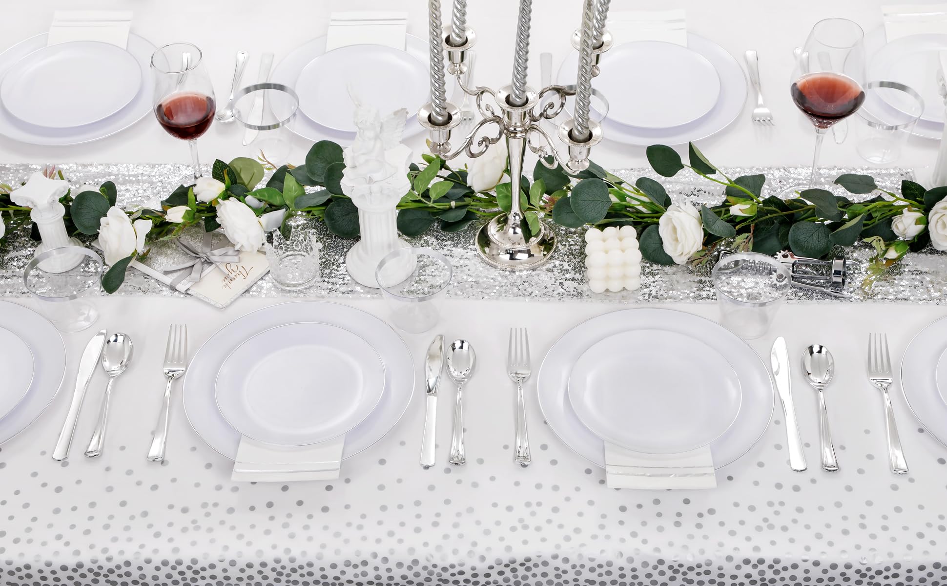 176-Piece Silver Plastic Christmas Party Set - 25 Dinner Plates, 25 Dessert Plates, 25 Cups, 25 Cutlery, 25 Napkins & 1 Tablecloth for Holiday Celebrations, Weddings & New Year Parties - Perfect for Christmas Dinner, Birthday Events & Family Gatherings