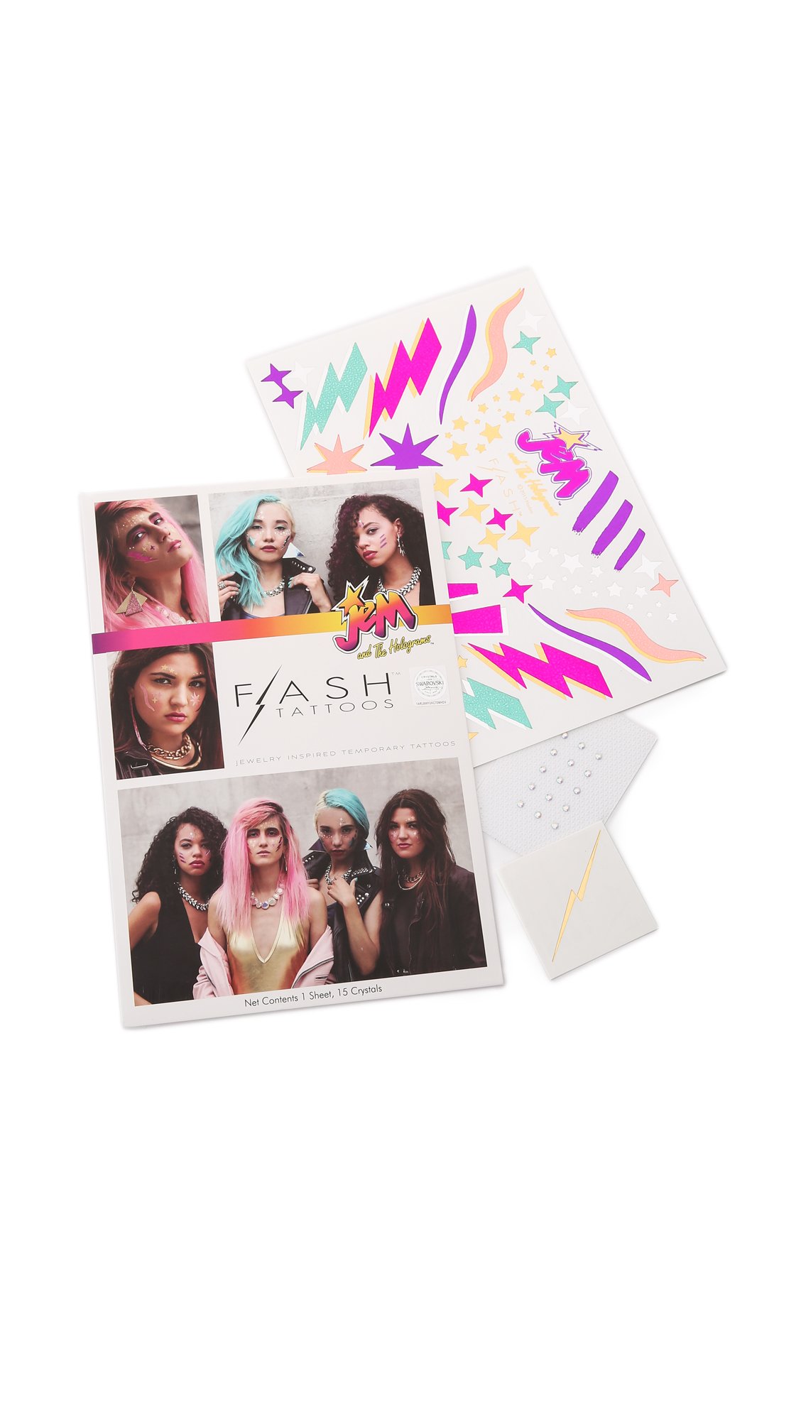Jem and the Holograms Women's Premium Waterproof Metallic Flash Tattoos Set with Swarovski Crystals - Multi Color Temporary Body Art for Parties, Festivals & Cosplay