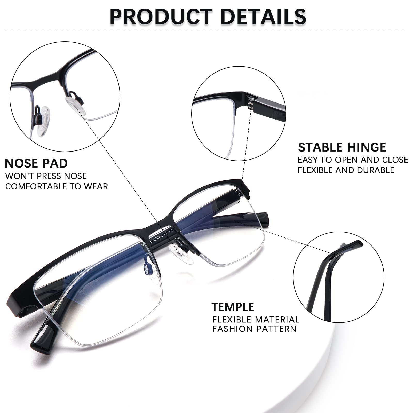 Blue Light Blocking Reading Glasses for Men - Progressive Multifocal Computer Glasses with Spring Hinge & Half Metal Frame - Perfect for Office Work, Screen Use and Daily Reading