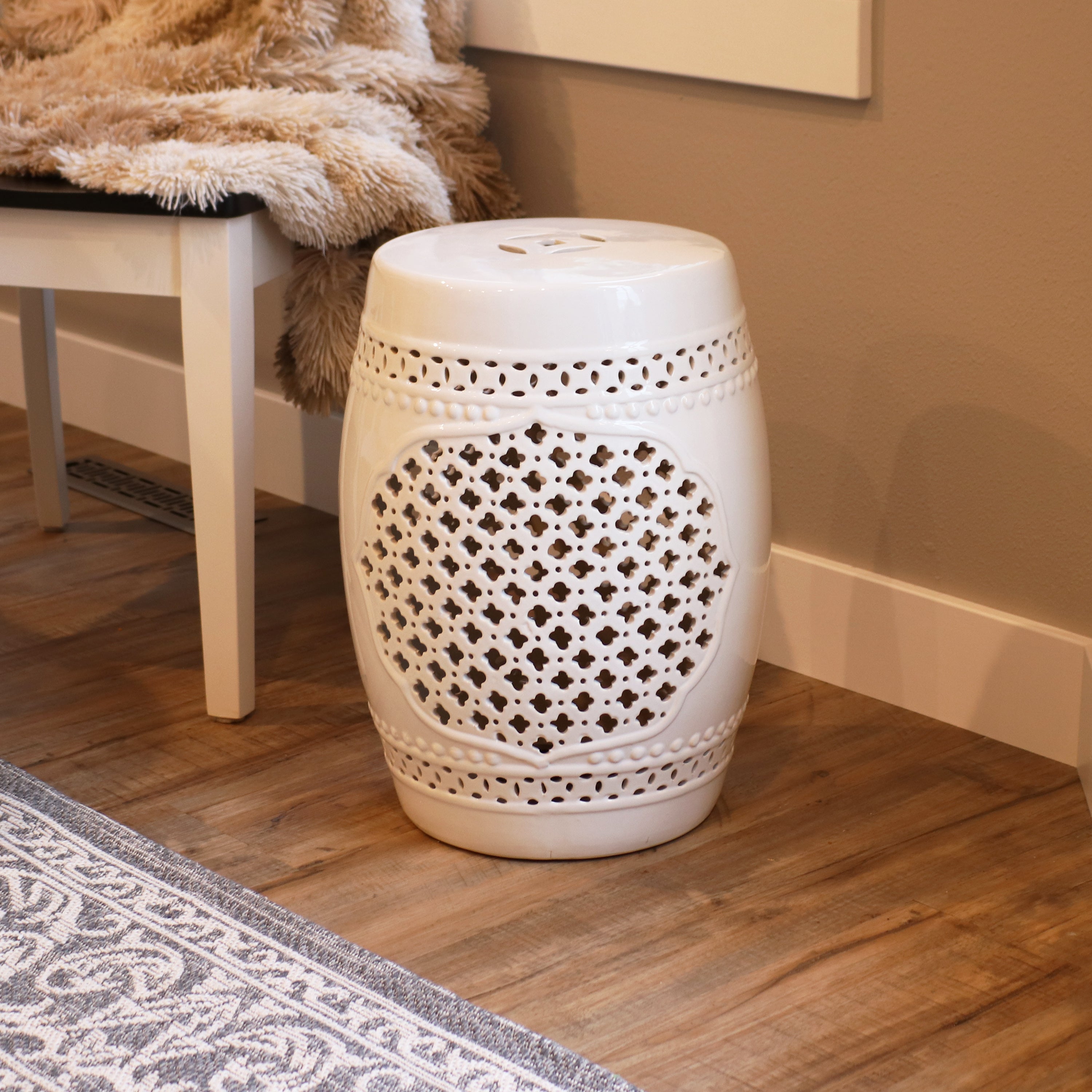 Sunnydaze Marrakesh Lattice Ceramic Garden Stool Side Table - 17.75 Inch Outdoor Patio Furniture, Boho Decor for Porch, Poolside, or Living Room Accent