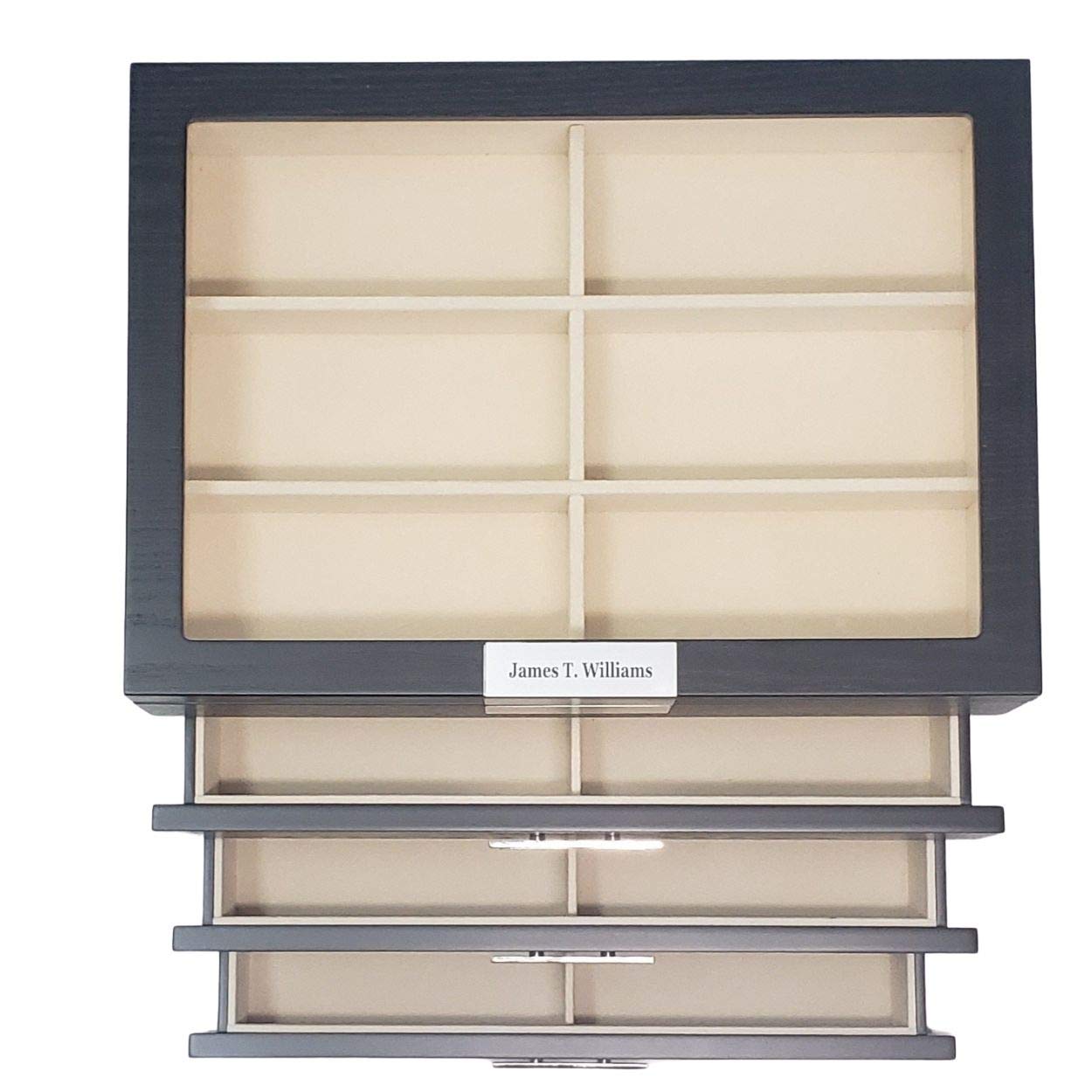 Personalized 24-Piece Large Black Wooden Eyeglass & Sunglass Display Case - 4-Tier Storage Box with Drawer | Perfect for Optical Shops, Retail Stores & Home Organization