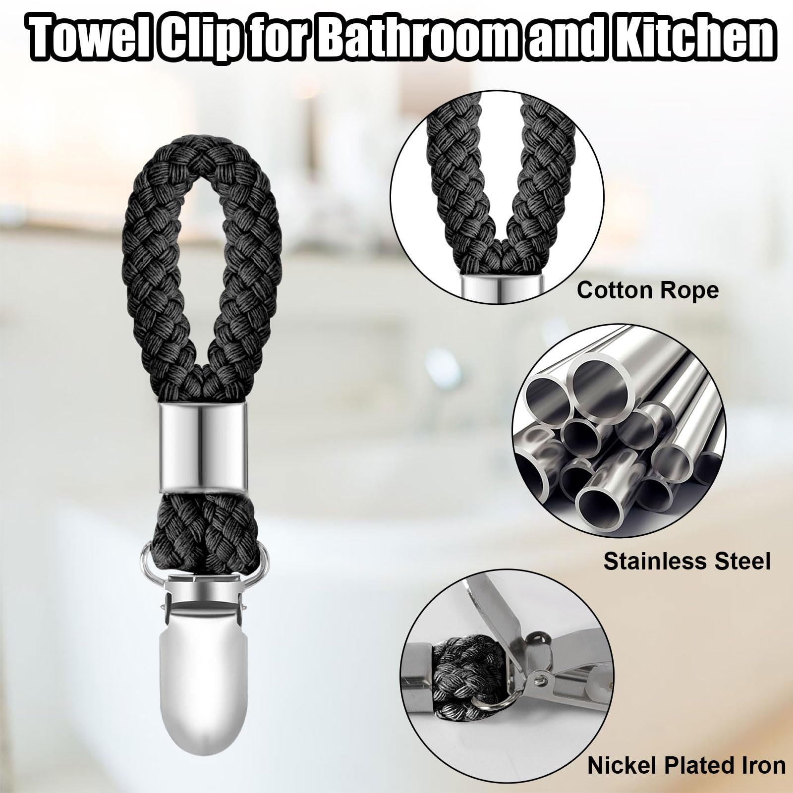 6 Pack Premium Kitchen Towel Clips - Strong Grip Hanging Loops for Hand Towels, Dish Towels & Tea Towels - Perfect for Kitchen, Bathroom & Laundry Organization (Black) - Ideal for Cooking, Cleaning & Home Decor