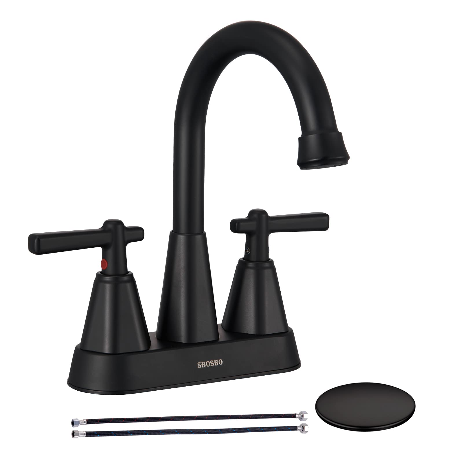 Matte Black Bathroom Sink Faucet - 4 Inch Centerset 2-Handle Vanity Faucet with Pop-Up Drain & Supply Hoses - Perfect for RV, Tiny House & Small Bathroom Renovations