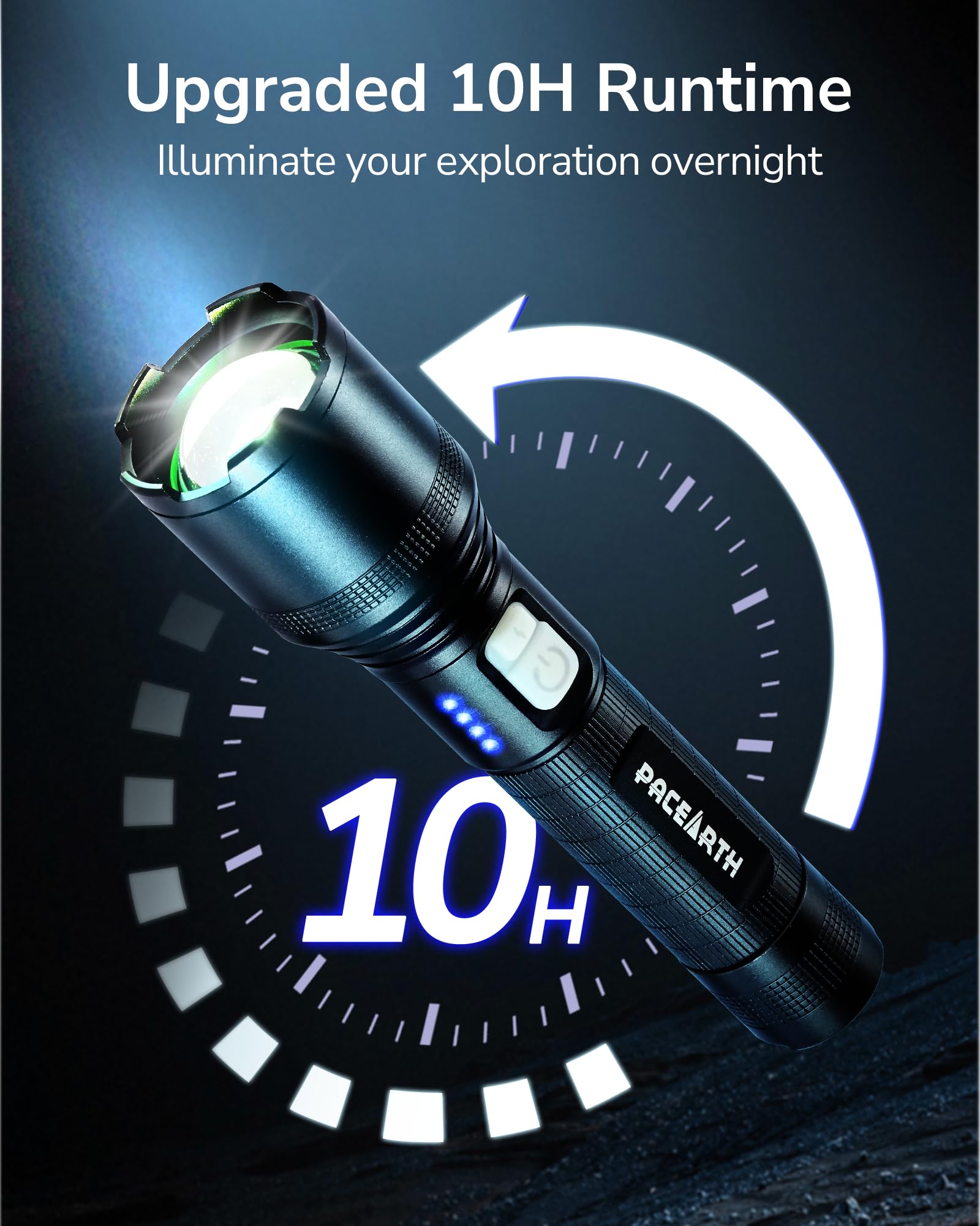 PACEARTH 2000LM Rechargeable Tactical Flashlight - High Lumens LED Flashlight with 5 Modes, Adjustable Zoom, Waterproof Design - Perfect for Camping, Hiking, Emergency & Outdoor Adventures