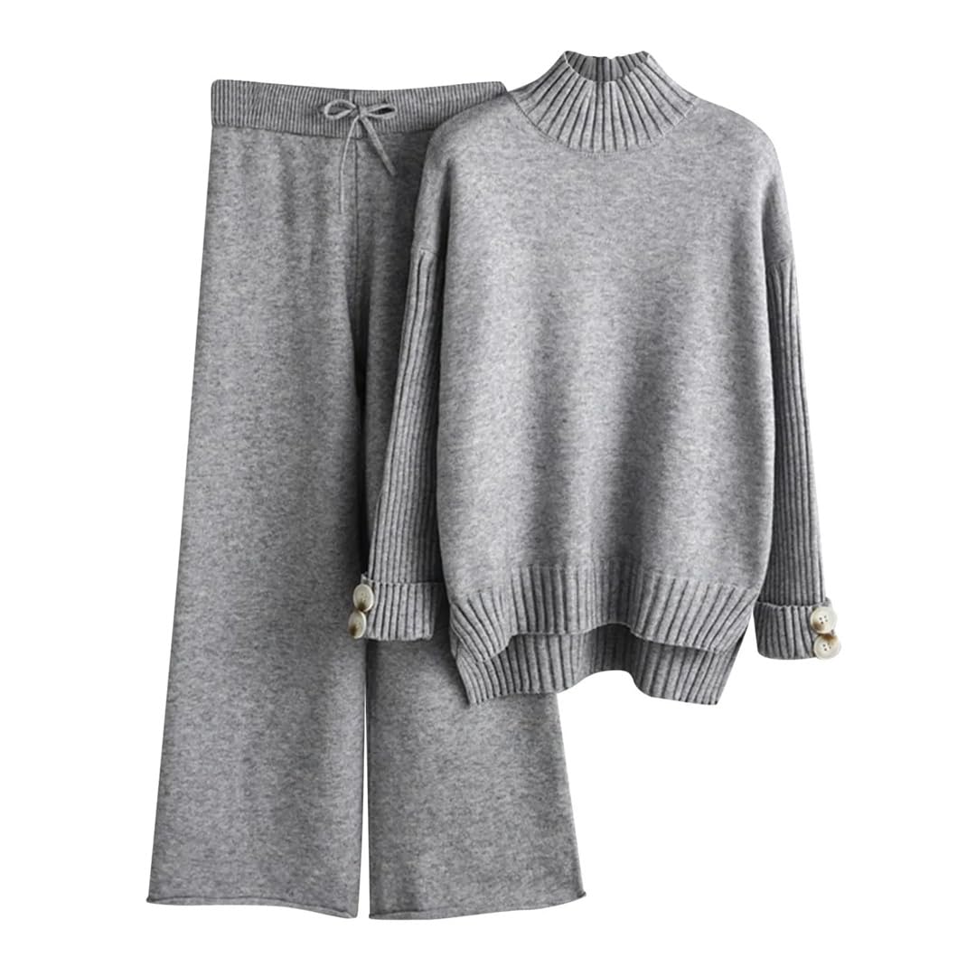 Women's Knitted Turtleneck Sweater & Wide Leg Pants Set - Solid Color Loose Fit Warm Tracksuit Outfit for Casual Wear, Office & Winter Fashion