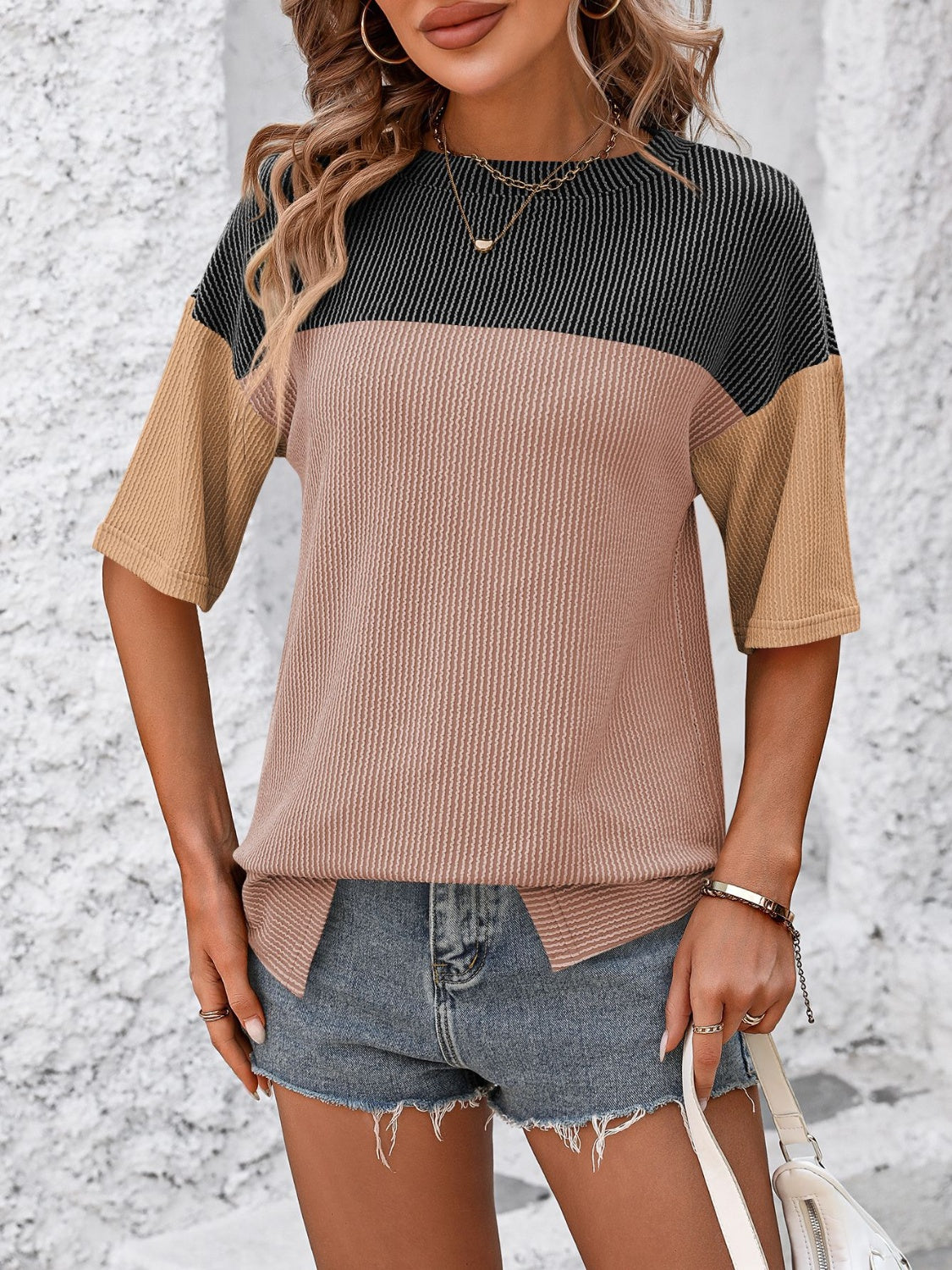 Color Block Round Neck Half Sleeve T-Shirt for Women - Casual Summer Fashion Top for Outfits, Streetwear & Everyday Wear