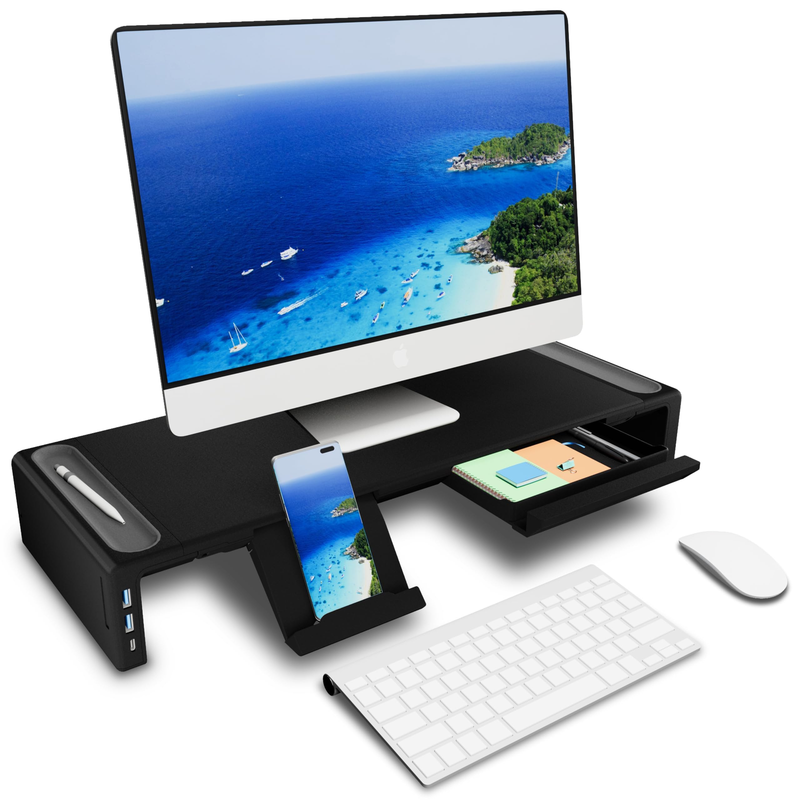 OImaster Adjustable Foldable Monitor Stand Riser with Storage Drawer & Pen Slot - Space Saving Computer Monitor Stand for Desktop, Laptop, Phone - Perfect for Home Office, Gaming Setup & Workspace Organization (Black)
