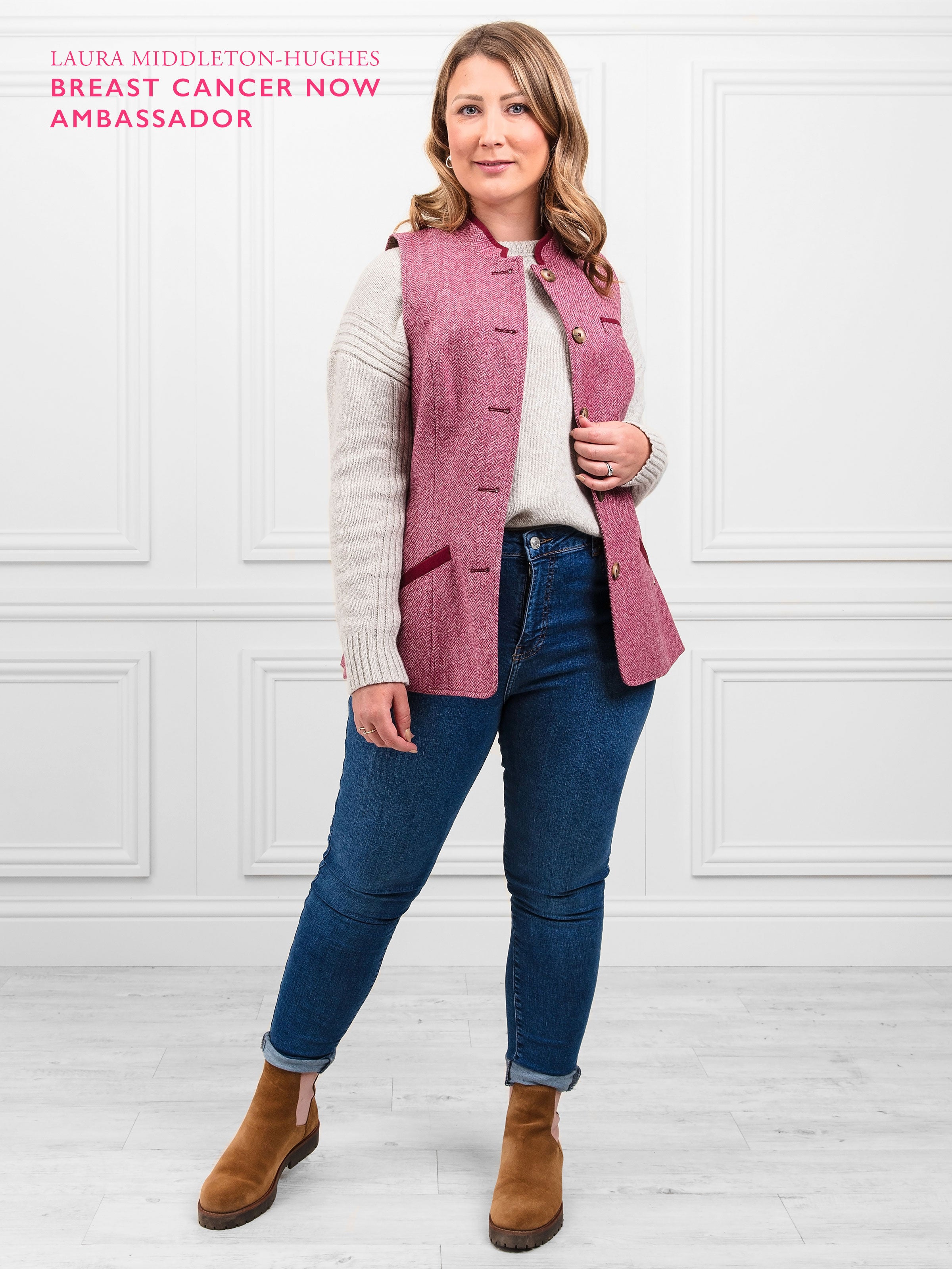 Madeline Gilet Pink Herringbone Vest - Breast Cancer Awareness Women's Fashion Top for Fall & Winter Layering | Office Wear, Casual Outfits, Charity Events