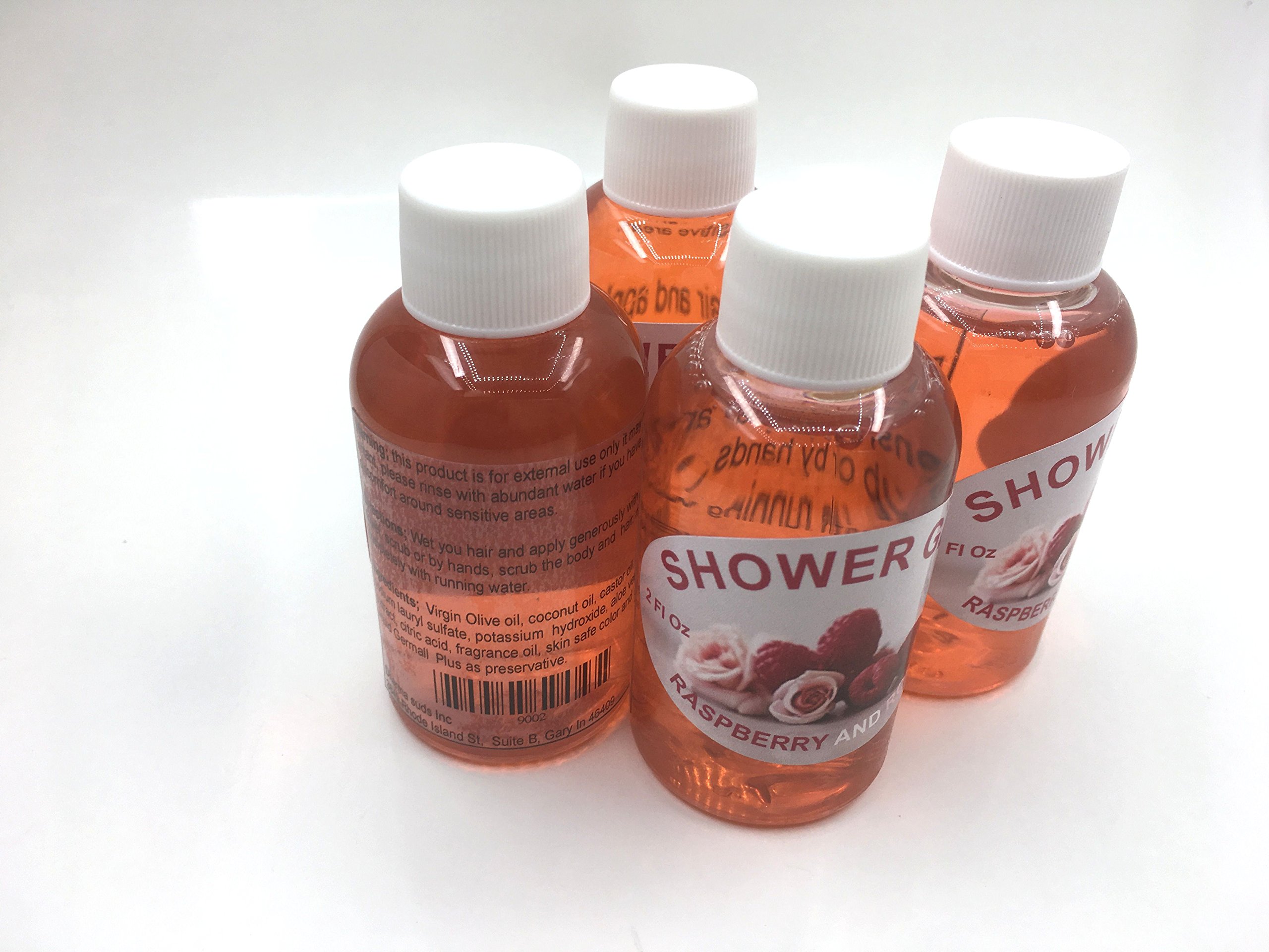 Handmade Raspberry & Rose Scented Shower Gel - Travel Size 4 Pack (2 oz Each) | Natural Body Wash for Women & Men | Perfect for Gym, Travel & Gift Sets