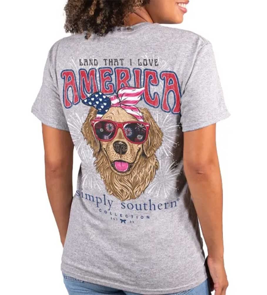 Simply Southern Land That I Love America - Dog Lover's Adult T-Shirt | Patriotic Pet Owner Apparel for Casual Wear & Outdoor Activities