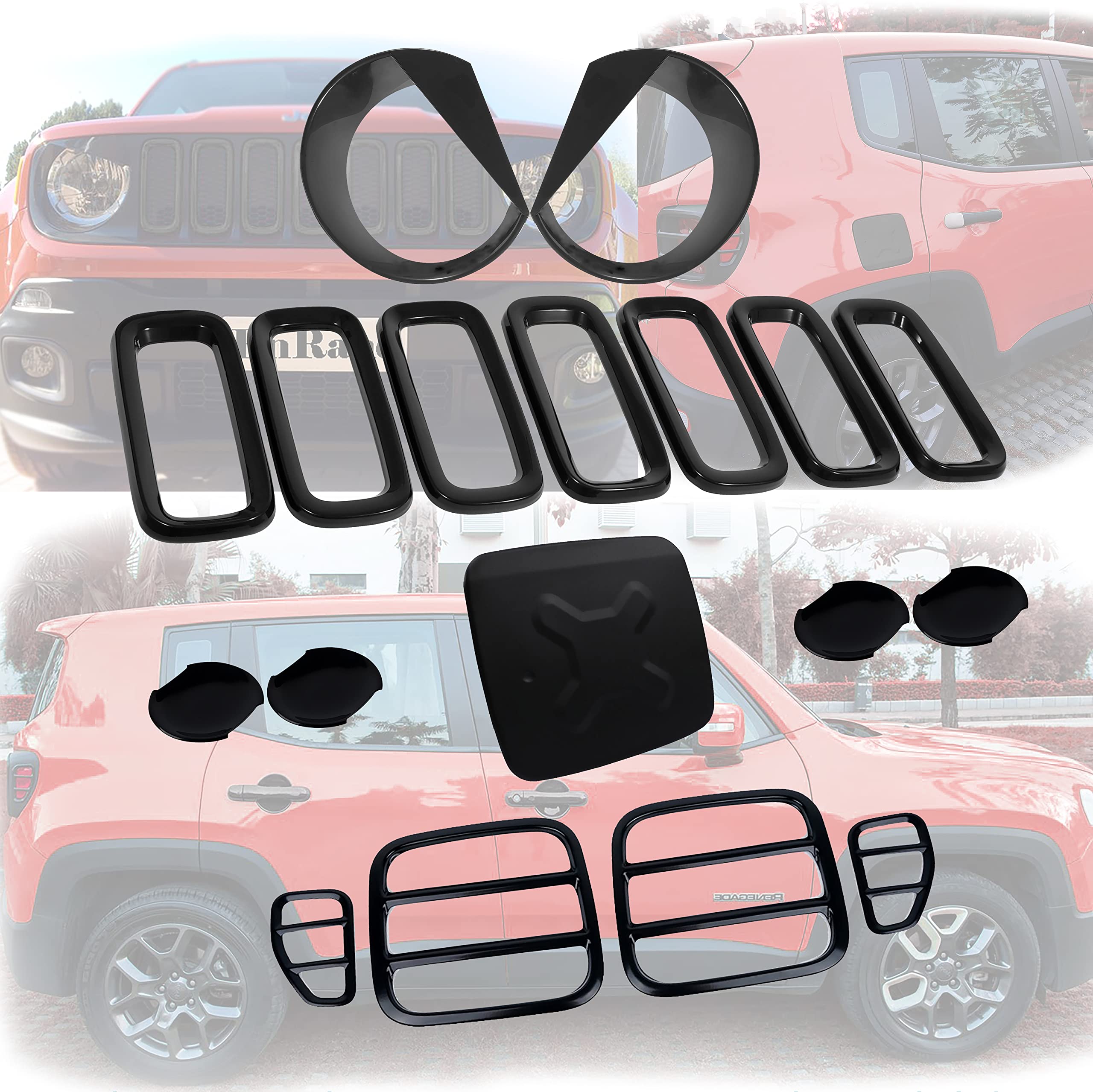 Jeep Renegade Accessories Kit - 18pcs Black Door Handle Covers, Gas Tank Cover, Tail Light Guards, Headlight Bezels & Front Grill Inserts | Off-Road Protection & Style Upgrade