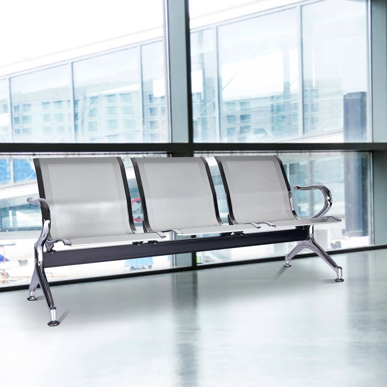 Kinfant 3-Seat Waiting Room Bench - Silver Mesh Reception Chairs for Airport, Hospital, Bank, Salon, Barber Shop | Comfortable Guest Seating for Lobby, Conference Room & Public Spaces