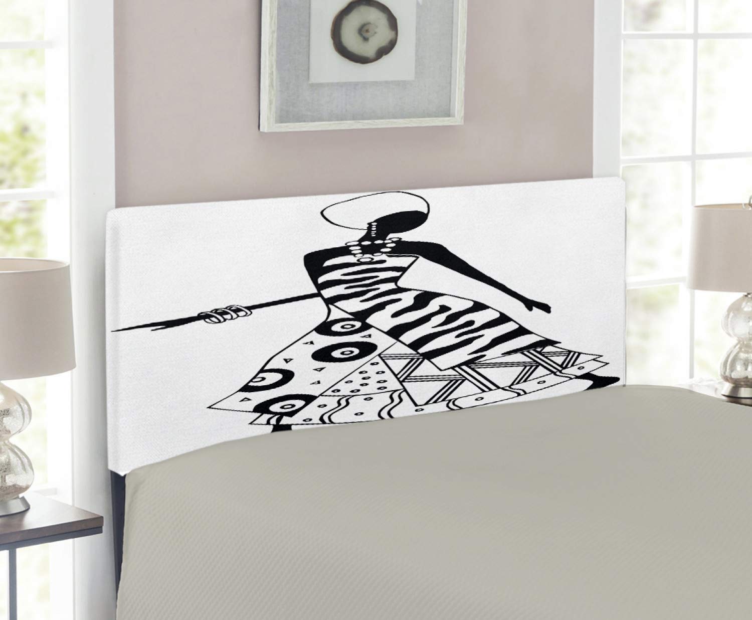 Ambesonne African Headboard - Woman Silhouette in Native Fashion Art, Upholstered Metal Bed Headboard with Memory Foam, Twin Size Black & White | Perfect for Boho Bedroom Decor, Guest Room Accent & Cultural Themed Interiors