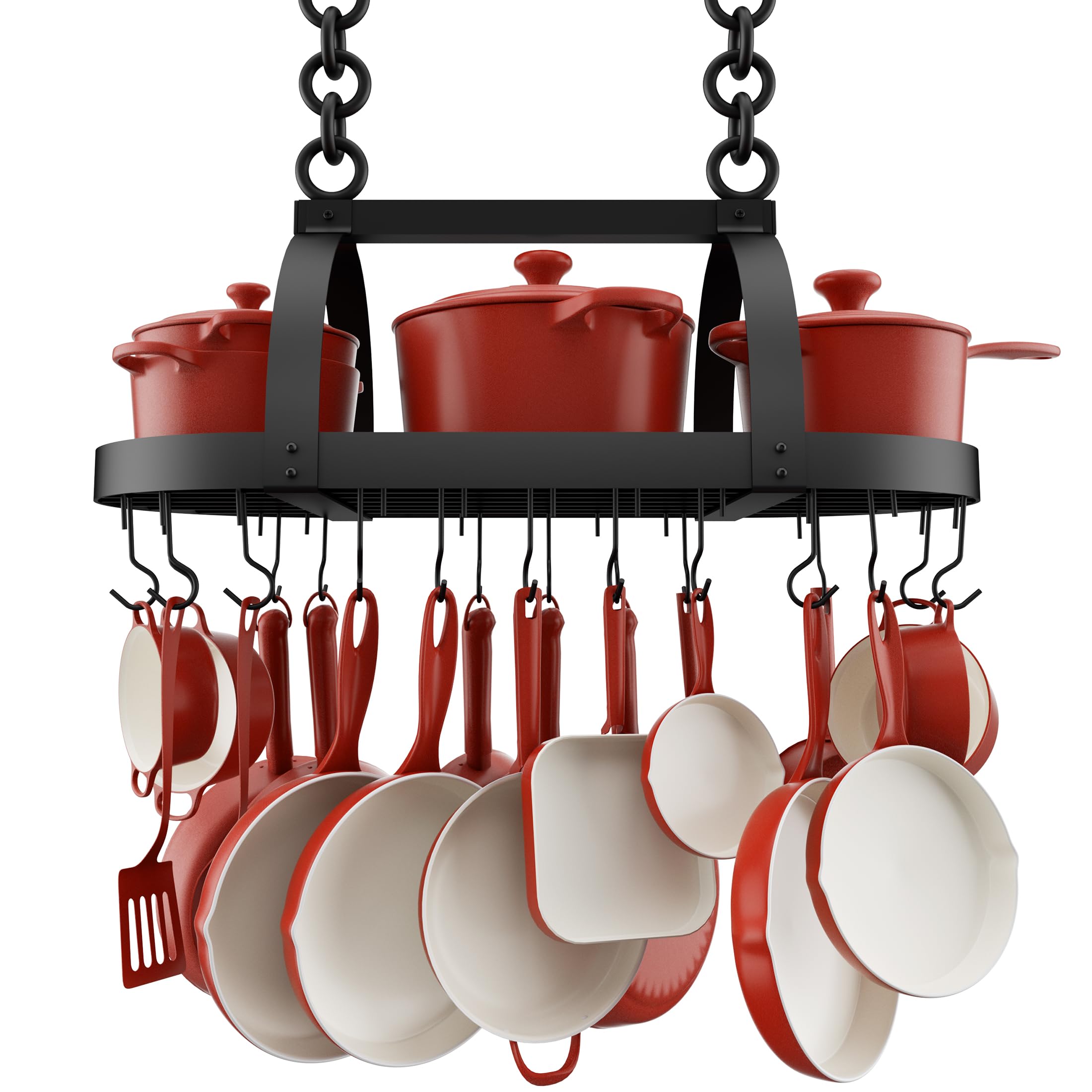 34-Inch Oval Matte Black Ceiling Pot Rack with 20 S-Hooks - Heavy Duty Kitchen Storage for Pots & Pans - Fits 16