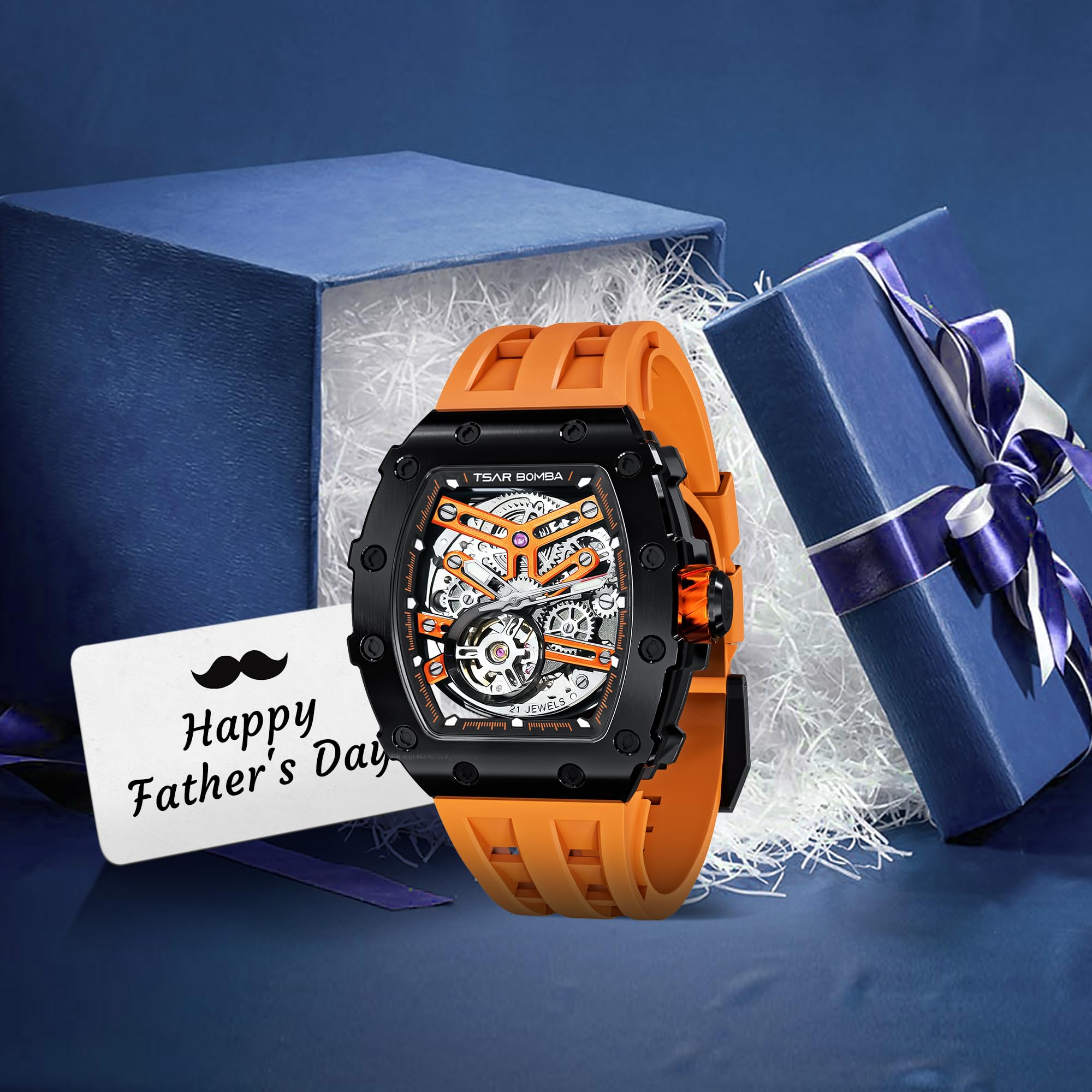 Premium Automatic Men's Watch - Square Skeleton Tonneau Design with Japanese Movement, 50M Waterproof, Sapphire Crystal Glass - Silicone/FKM Rubber Strap - Luxury Gift for Him (Perfect for Business, Formal Events & Everyday Wear)