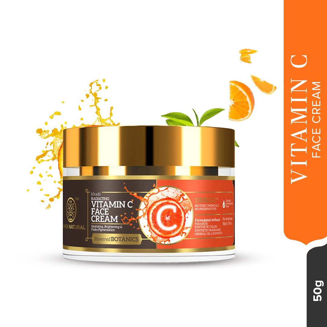 Khadi Natural Vitamin C Face Cream - Hydrating & Brightening for Dark Spots, Dull & Aging Skin | Botanically Powered | All Skin Types | 50g | Perfect for Daily Skincare Routine & Nighttime Repair