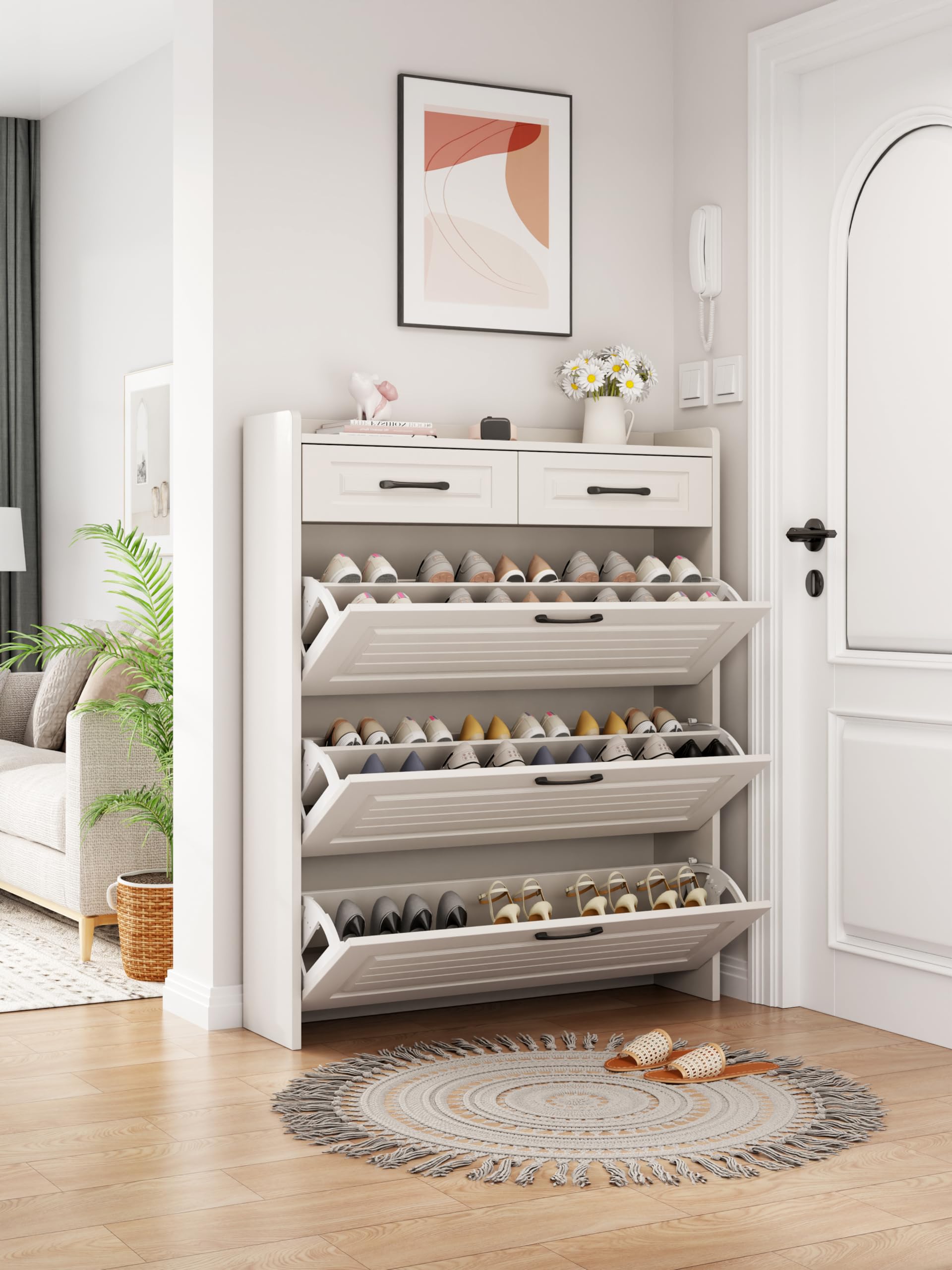White Shoe Cabinet with 3 Flip Drawers - Freestanding Shoe Organizer with Metal Bracket for Entryway, Narrow Shoe Rack for Hallway & Living Room - Perfect for Small Spaces & Apartment Organization