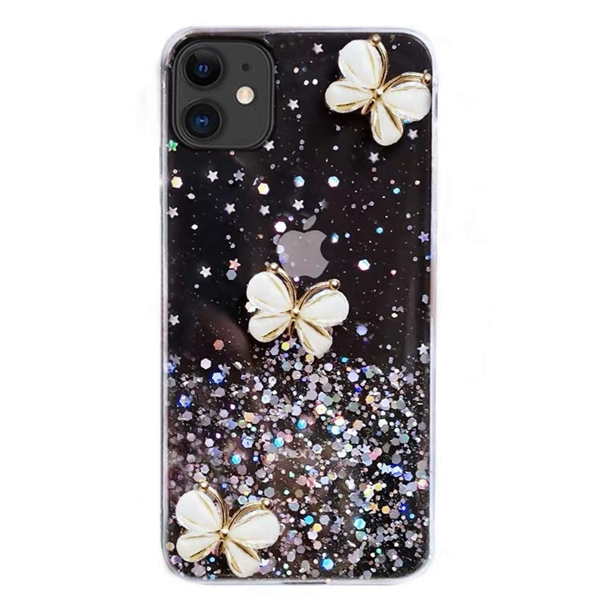 3D Bling Glitter Pearl Butterfly Soft Phone Case for iPhone 12 Pro Max/11 Pro/XR/X/6S/7/8 Plus & Huawei/Oppo/Vivo - Transparent Black Design, Shockproof Protection (Perfect for Parties, Travel & Everyday Use)