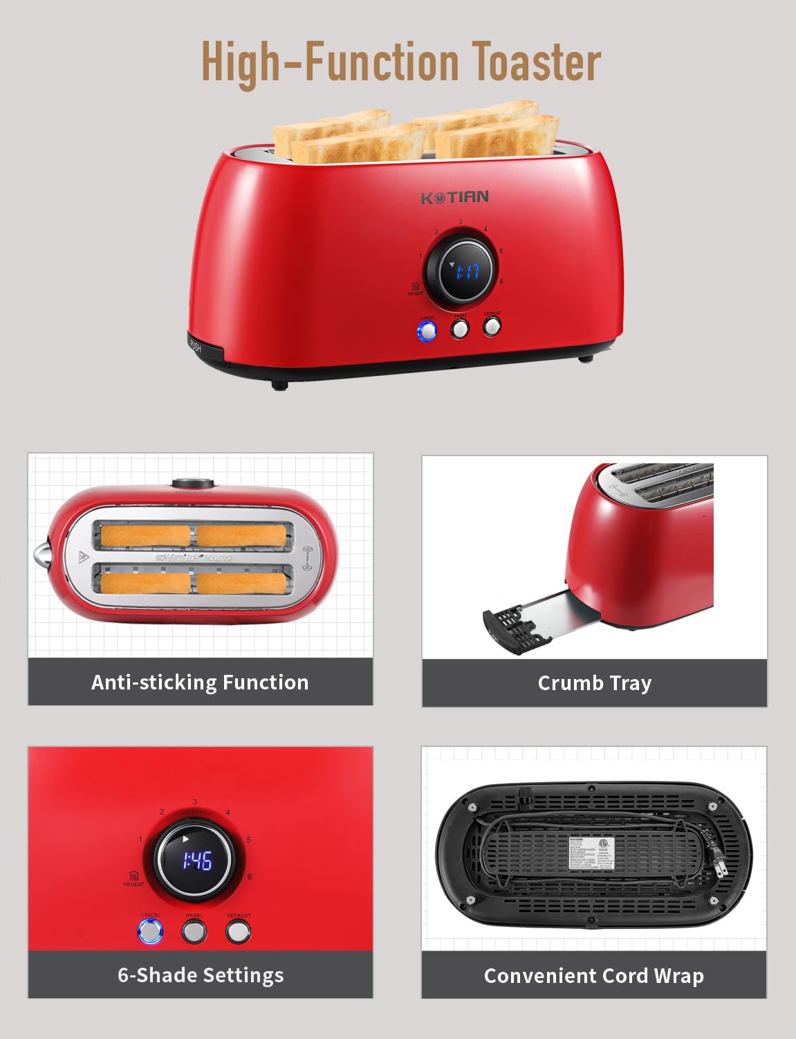 KOTIAN 4 Slice Stainless Steel Toaster - Extra Wide Slot Retro Toaster with 6 Toast Settings, Bagel/Defrost/Reheat/Cancel Functions, Countdown Timer & Removable Crumb Tray (Red) - Perfect for Breakfast, Brunch, and Family Gatherings