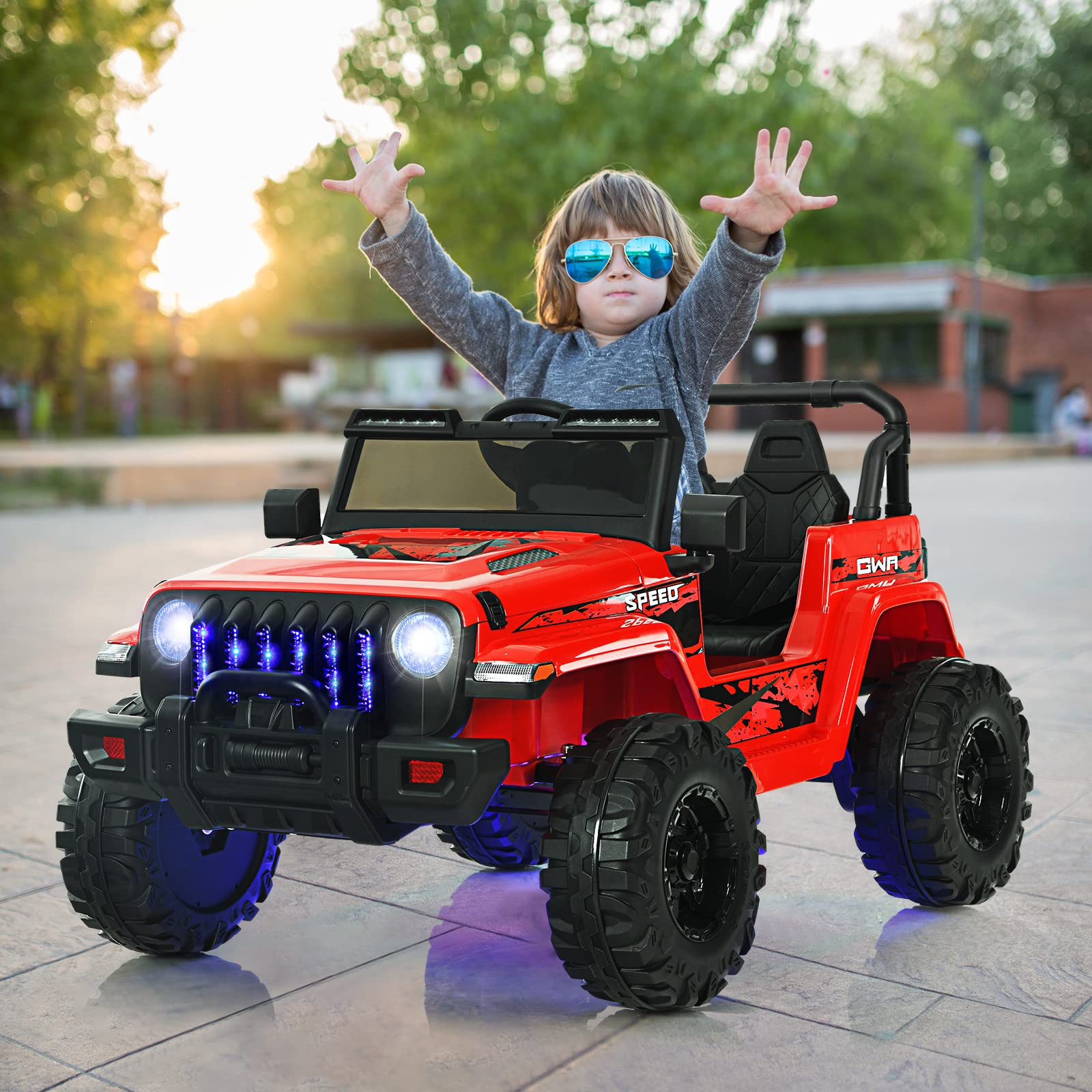 OLAKIDS 12V Electric Ride On Truck for Kids - Remote Control Battery Powered Toddler Car with Music, Horn, 3 Speed Settings, LED Lights & Bluetooth - Perfect for Indoor & Outdoor Play (Red)