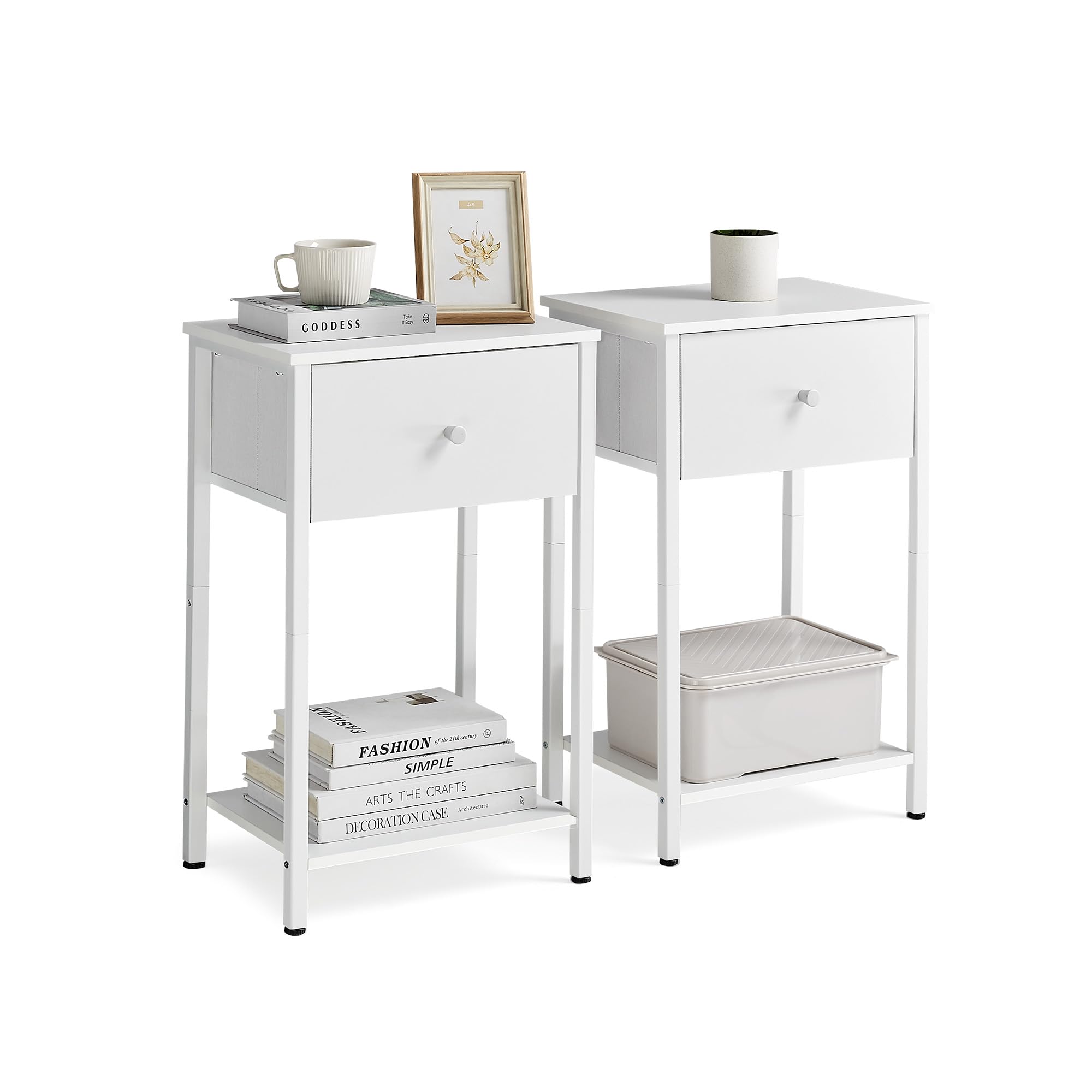 VASAGLE 24-Inch Tall Nightstand Set of 2 - White Fabric Drawer Side Tables with Storage Shelf for Bedroom | Perfect for Small Spaces, Guest Rooms & Apartment Living