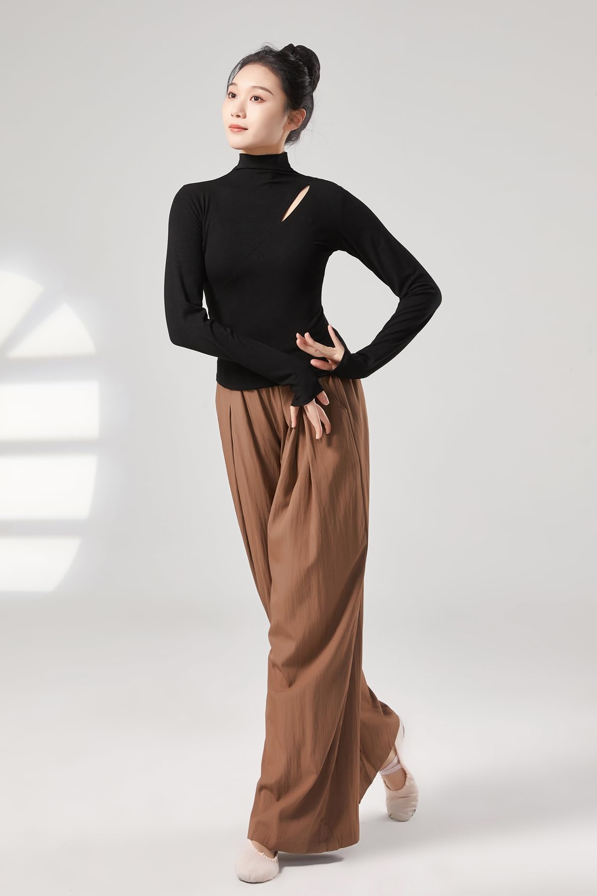 Angcoco Women's Elegant Mock Neck Long Sleeve Blouse - Stretchy Dance Top for Yoga, Ballet & Workout | Comfortable Practice Wear for Studio & Performance