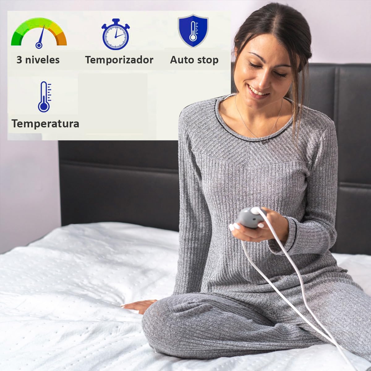ECODE® Electric Heated Mattress Pad - 140x160cm, 3 Heat Settings, Auto Shut Off (90 Min), CE Certified, Washable, Dual Controls - Perfect for Winter Warmth & Cozy Nights in Bed
