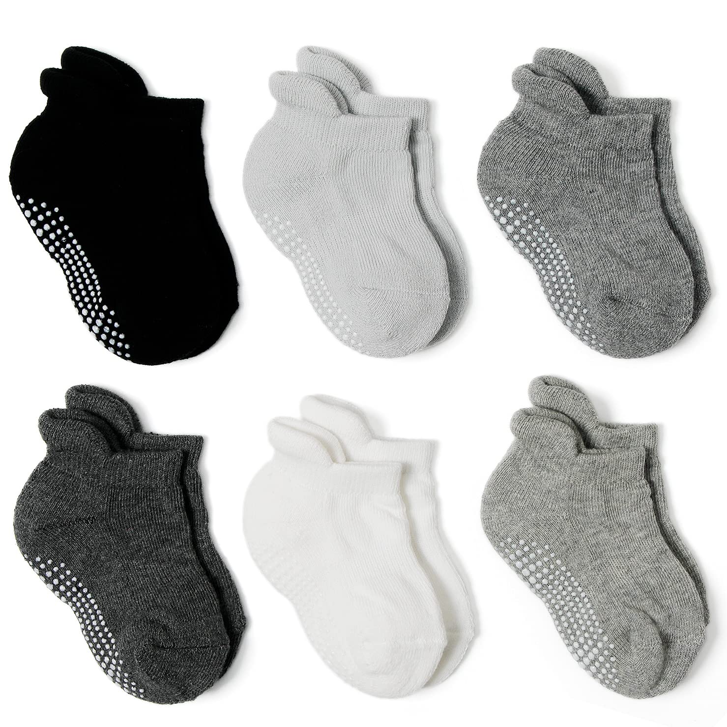 EPEIUS Non-Slip Baby Socks for Boys & Girls - 6/12 Pack Warm Cotton Toddler Socks with Grips (Ankle & Crew Length) - Perfect for Indoor Play, Crawling & Winter Warmth