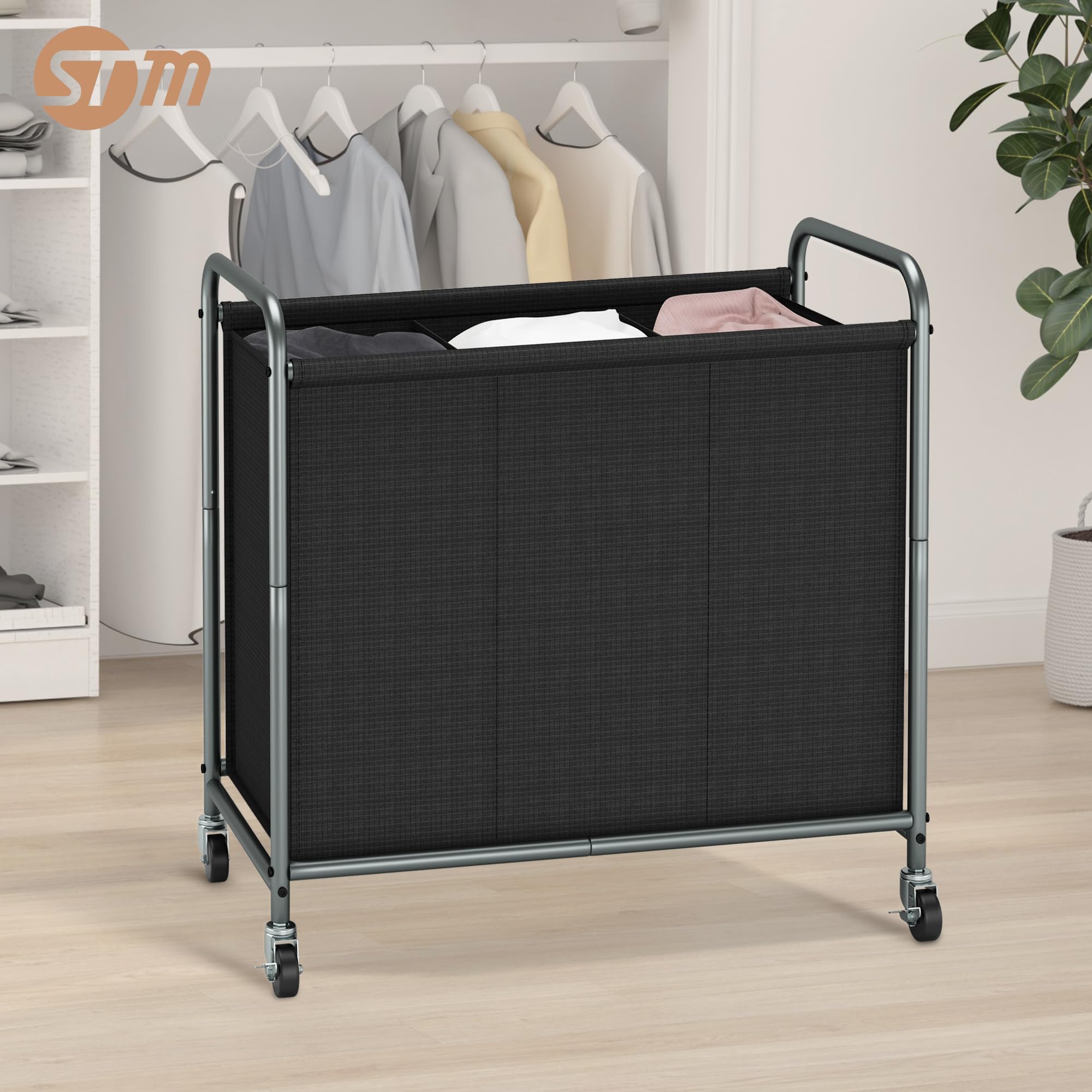 STORAGE MANIAC 165L Laundry Hamper with Wheels - 3-Section Clothes Sorter for Home & Laundry Room