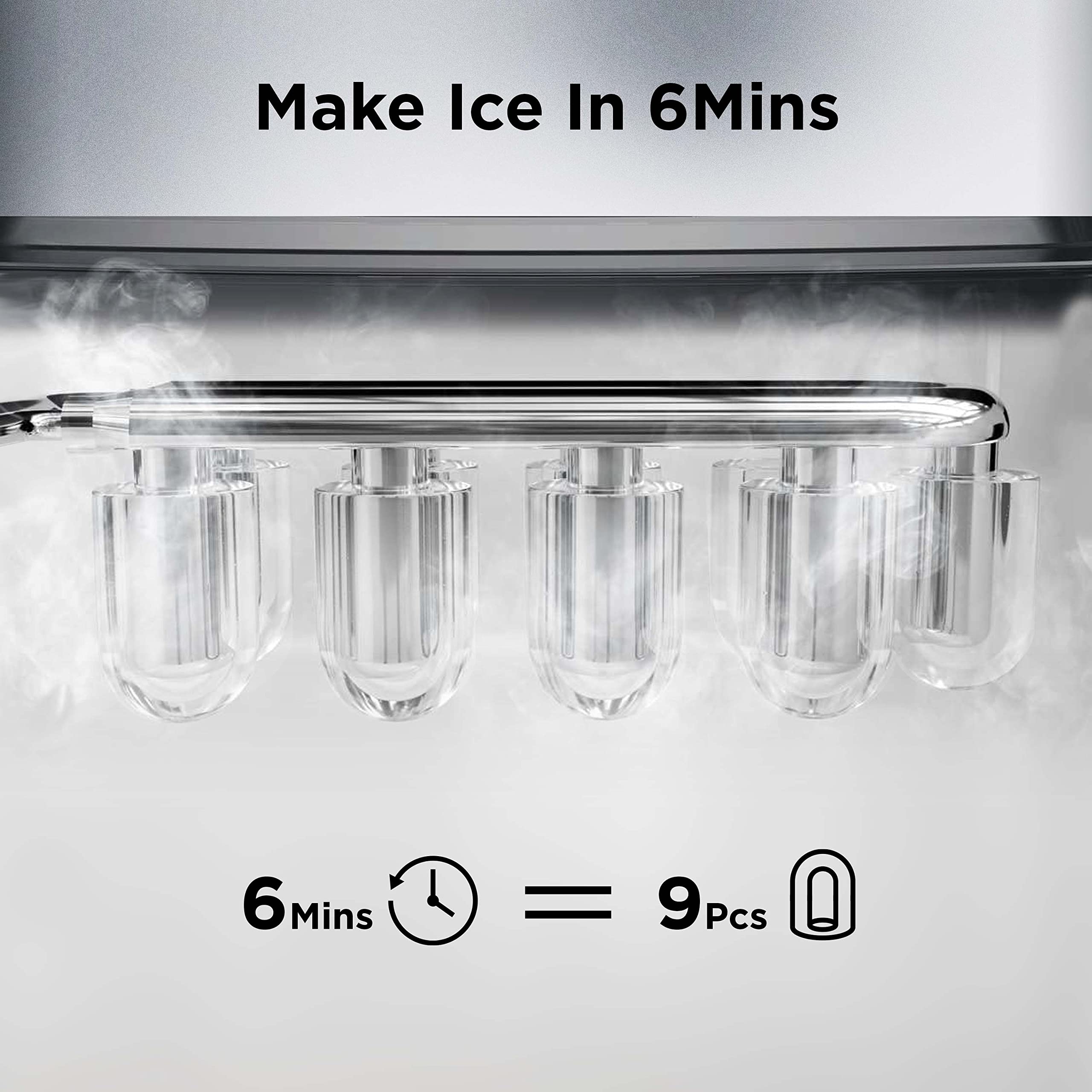 Silonn Countertop Ice Maker Machine - 9 Cubes in 6 Minutes, 26lbs Daily - Self-Cleaning with Ice Scoop & Basket - 2 Bullet Ice Sizes for Home, Kitchen, Office, Bar & Party Use - Silver (Perfect for Cocktails, Beverages & Entertaining)