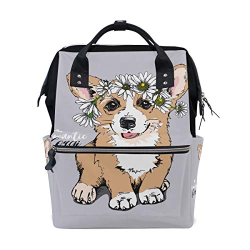 **MERRYSUGAR Corgi Daisy Gray Diaper Backpack - Large Multifunctional Baby Bag for Moms, Travel & School | Waterproof & Spacious for Diapers, Toys & Essentials**    *(Perfect for Outings, Daycare, Air Travel & Family Adventures!)*
