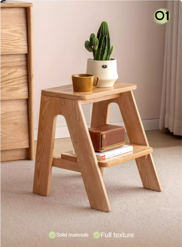 Solid Oak Wood Step Stool - Sturdy 2-Step Ladder for Kitchen, Bathroom & Kids - Non-Slip Safety Footrest for Home, Office & Closet Organization