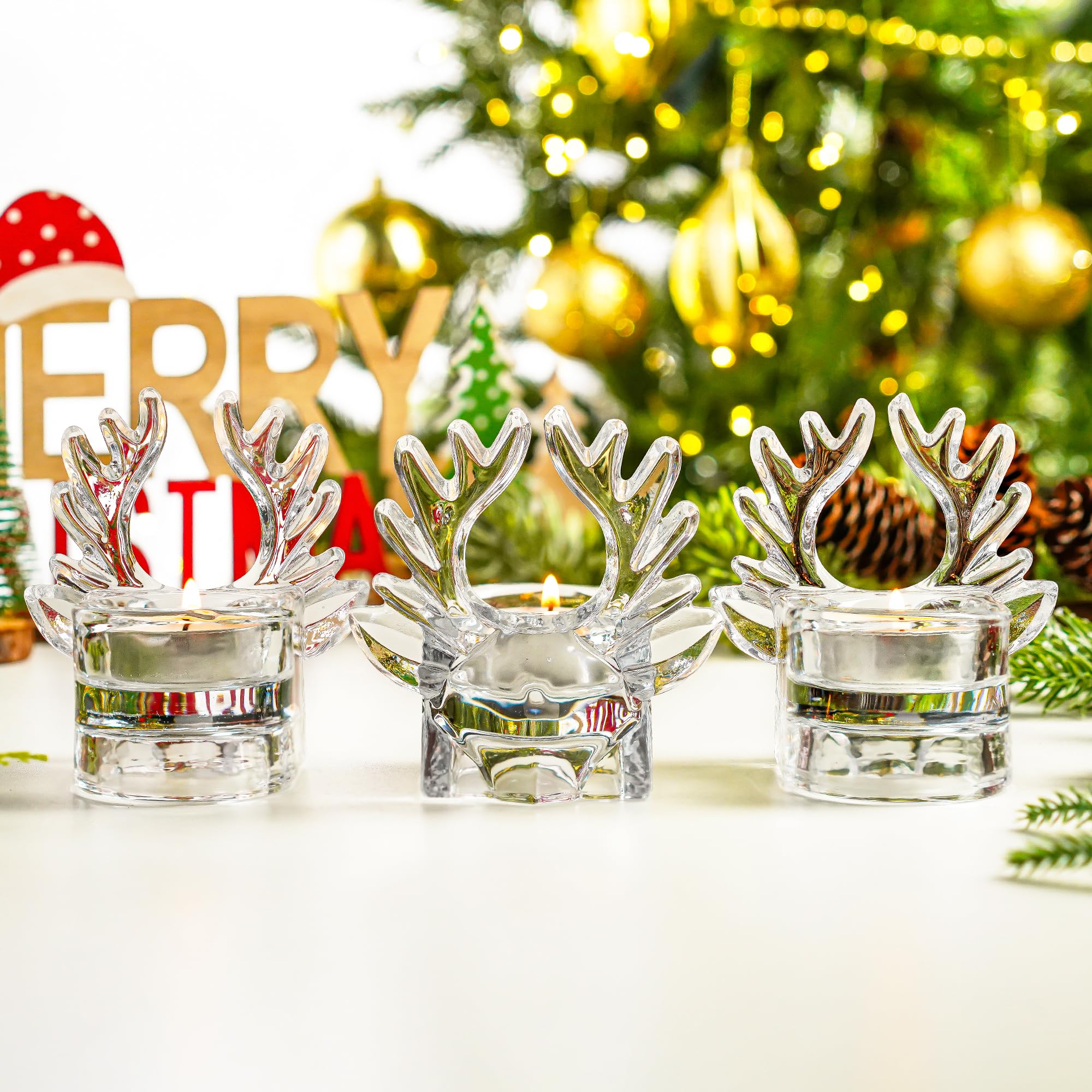 H&D HYALINE & DORA Clear Glass Christmas Reindeer Candle Holder Set of 3 - Tealight & Votive Holders for Holiday Decor, Table Centerpiece, Winter Wedding, Christmas Party & Cozy Home Ambiance