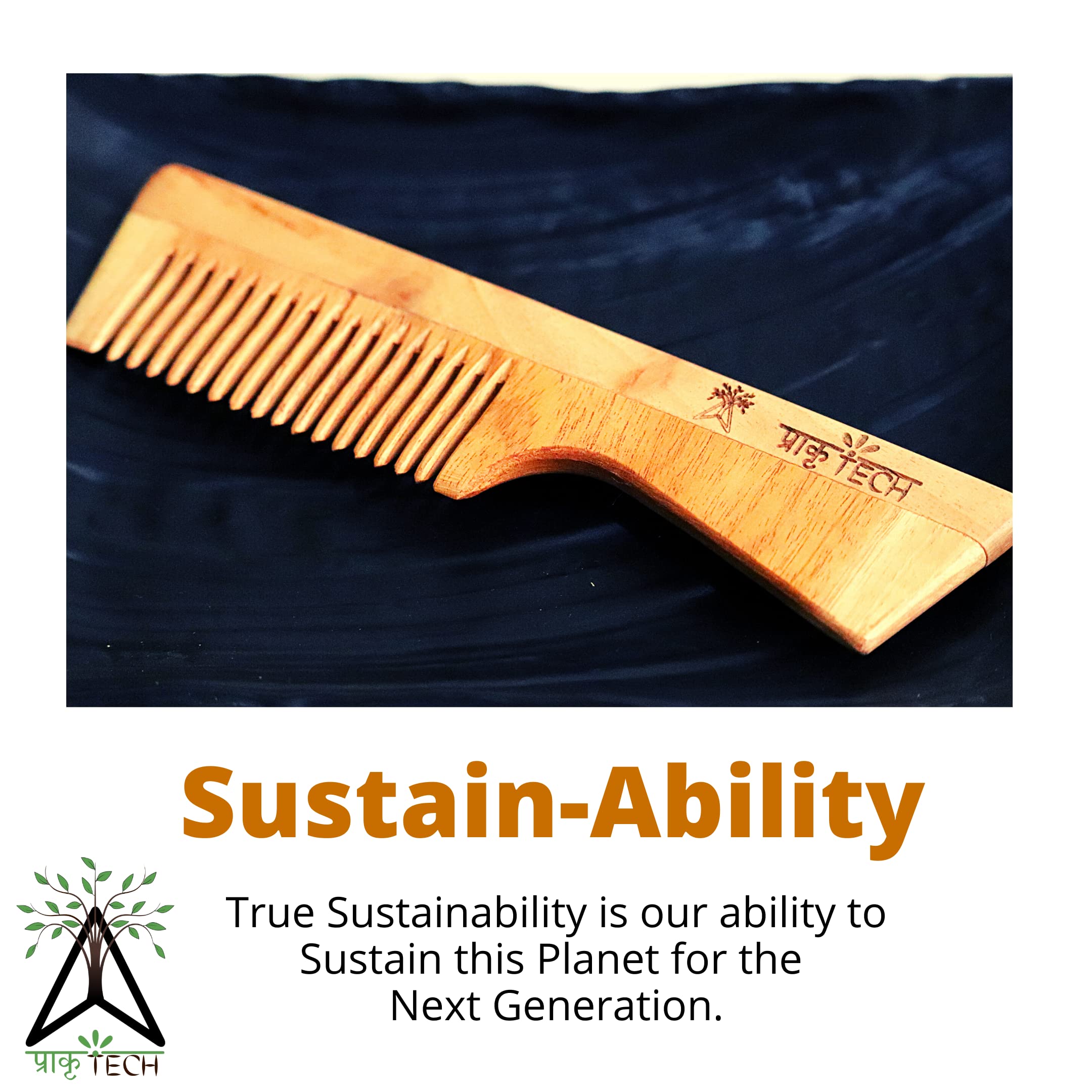 PRAKRTECH Neem Wood Shampoo Comb with Handle - Anti-Dandruff & Hair Loss Prevention Comb for Men & Women | Natural Kachi Neem Wooden Comb for Hair Growth & Scalp Care | Perfect for Daily Hair Styling & Massage (17 x 7 x 1 cm)