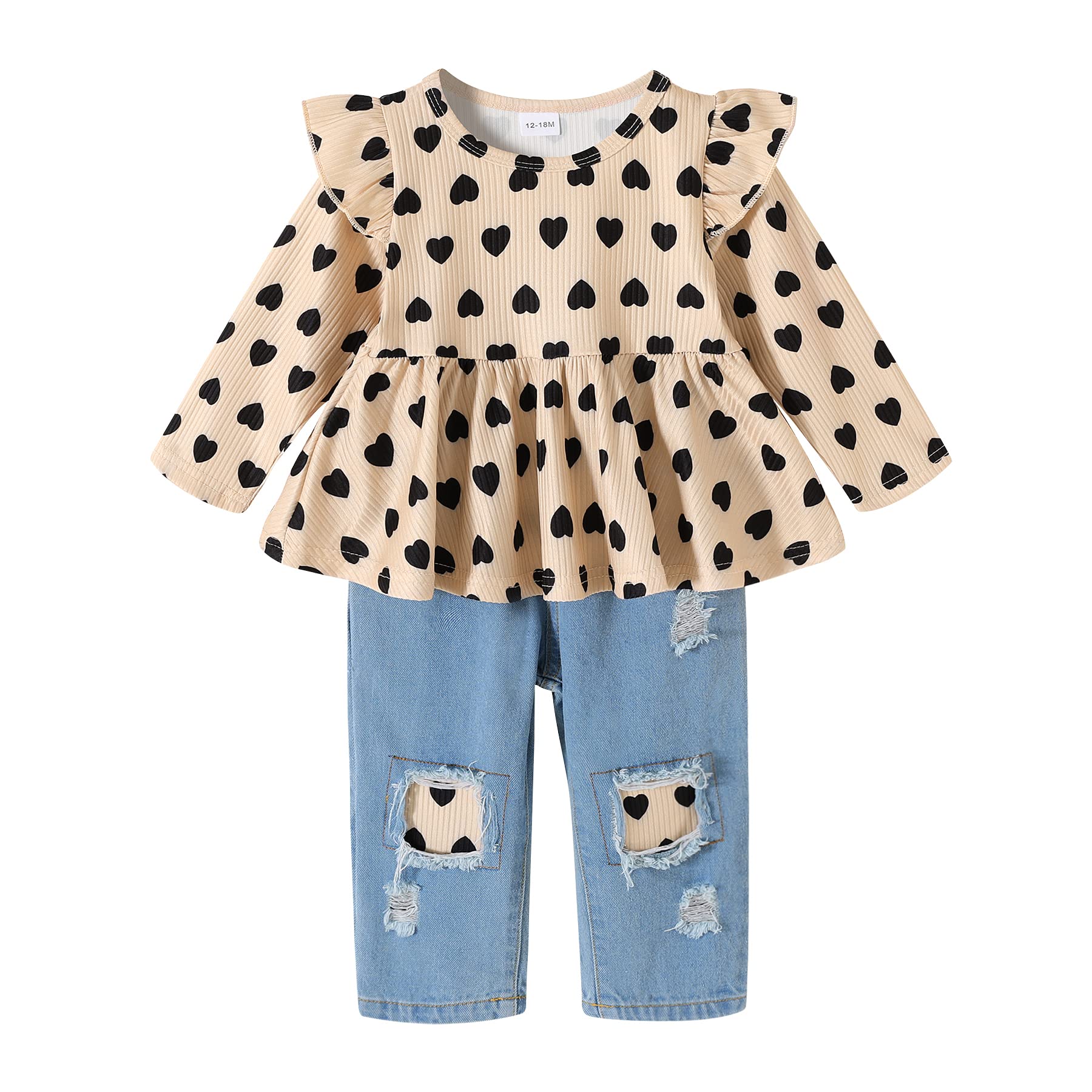 Adorable Toddler Baby Girl Outfits - Long Sleeve Ruffle Heart Print Top & Denim Jeans Set for Fall/Winter | Cute Playdate, Holiday & Family Photo Outfits