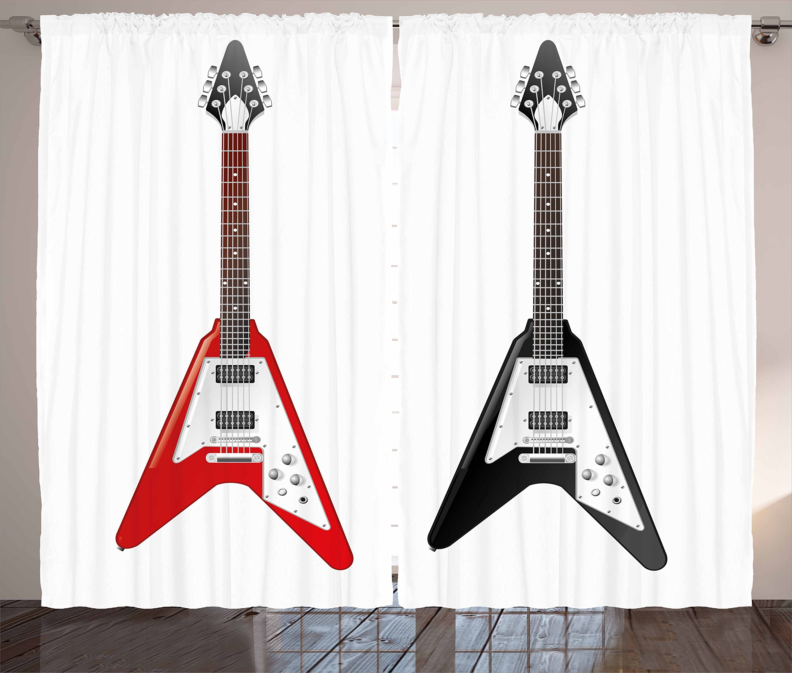 Ambesonne Guitar Themed Curtains - Rock & Roll Musical Instrument Design with V-Shaped Strings, 2 Panel Window Drapes for Living Room & Bedroom, 108