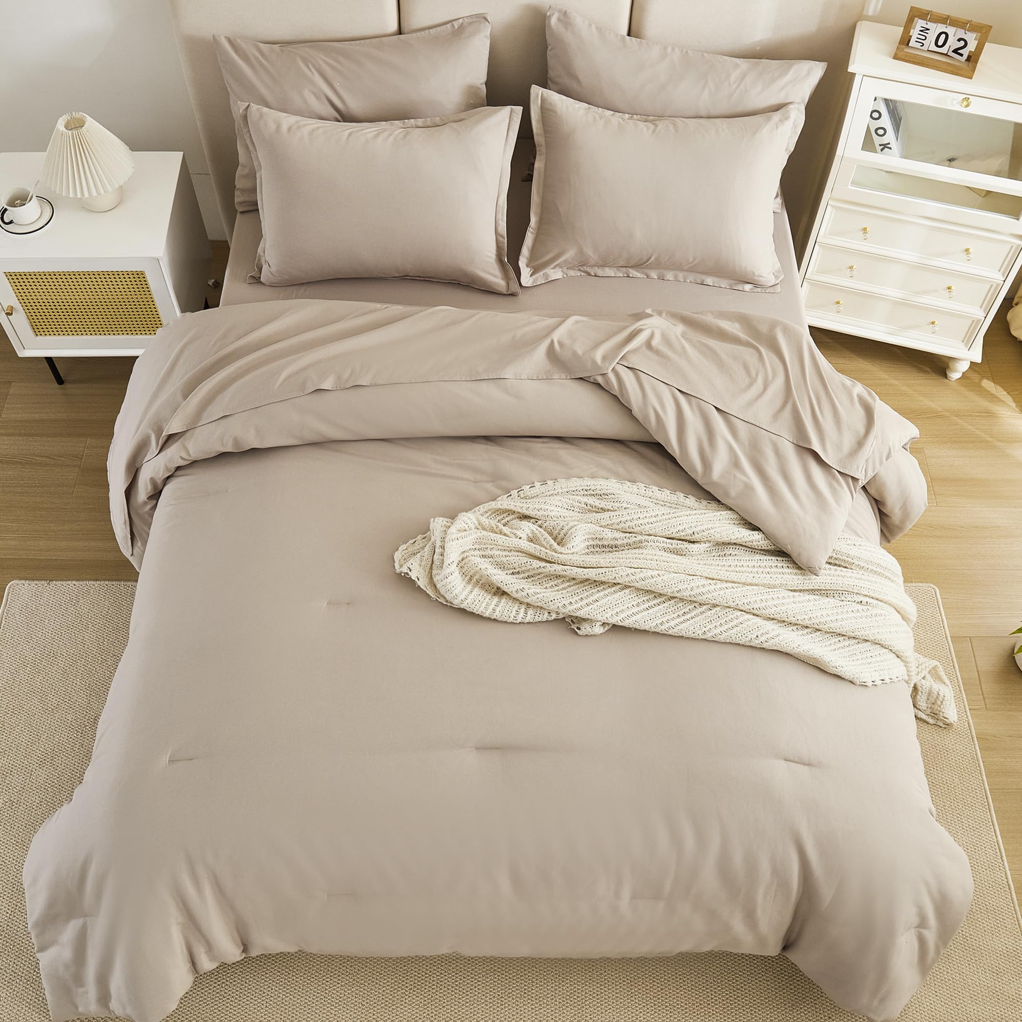 Litanika 7-Piece King Size Comforter Set in Oatmeal - Lightweight Bedding Set Includes Comforter, Sheets, Pillowcases & Shams | Perfect for Master Bedroom, Guest Room & Cozy Home Decor
