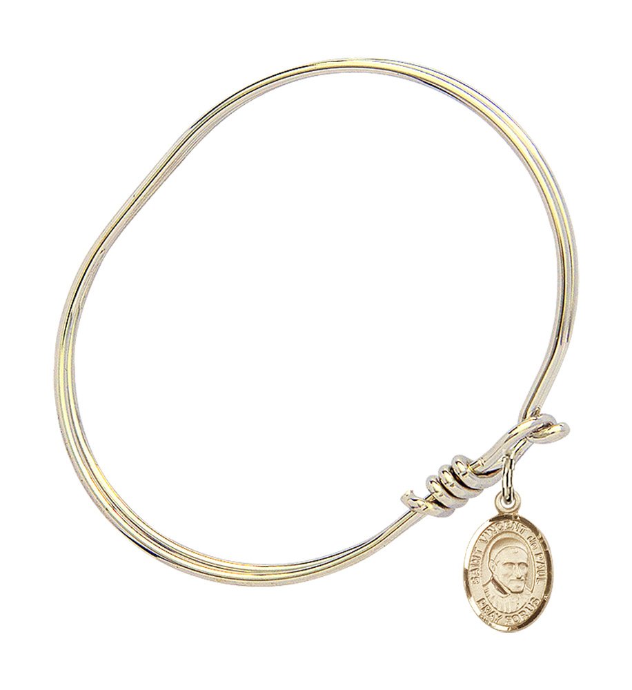 Gold-Filled Oval Eye Hook Bangle Bracelet with St. Vincent de Paul Charm - Elegant Religious Jewelry for Women, Perfect for Church, Daily Wear & Gift Giving