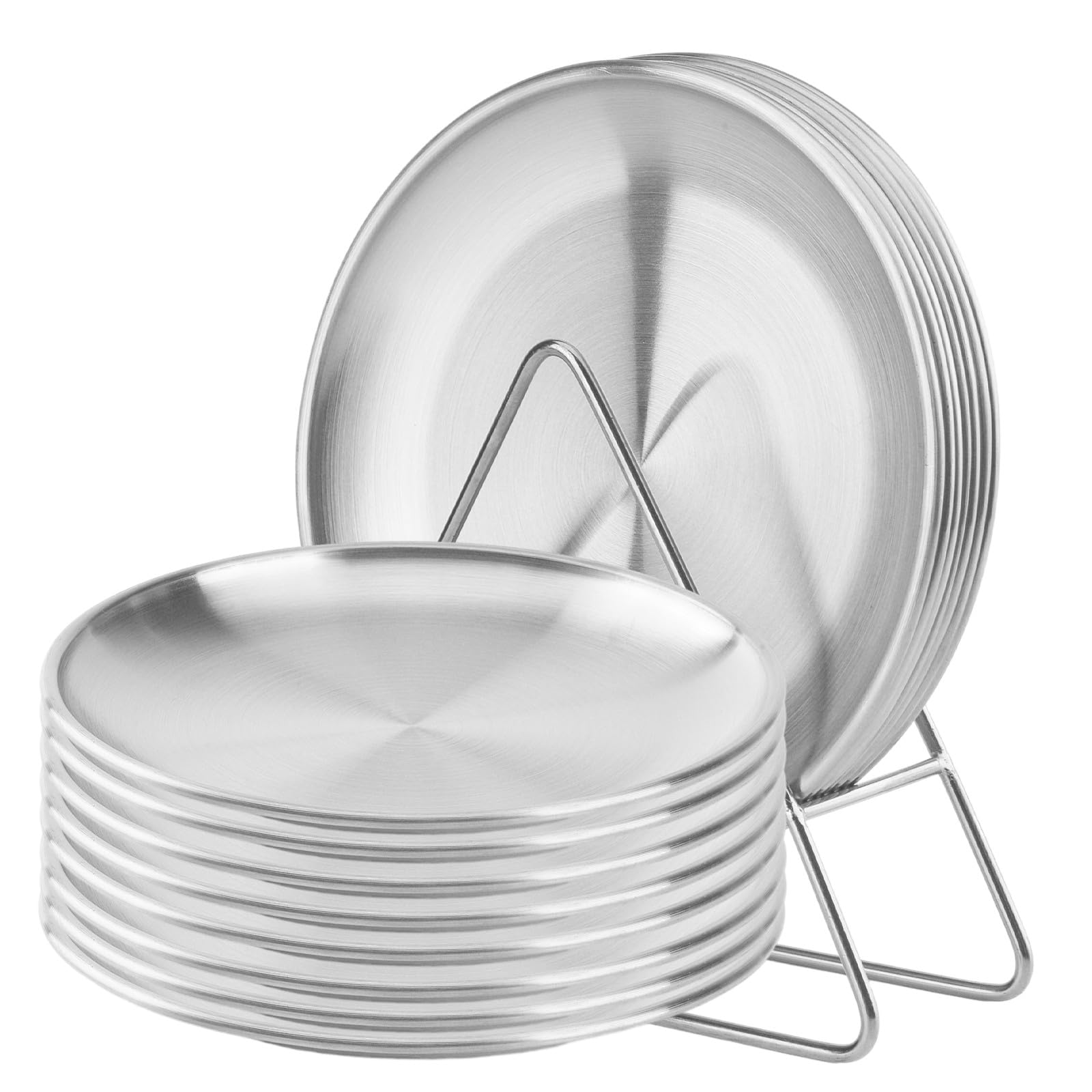 8-Piece 6.5-Inch Stainless Steel Appetizer Plate Set with Stand - Gold & Silver Round Serving Plates for Cakes, Desserts, Salads, Dips, Snacks, Side Dishes - Perfect for Parties, Weddings, Catering & Home Entertaining (Silver, 6.5 Inch)