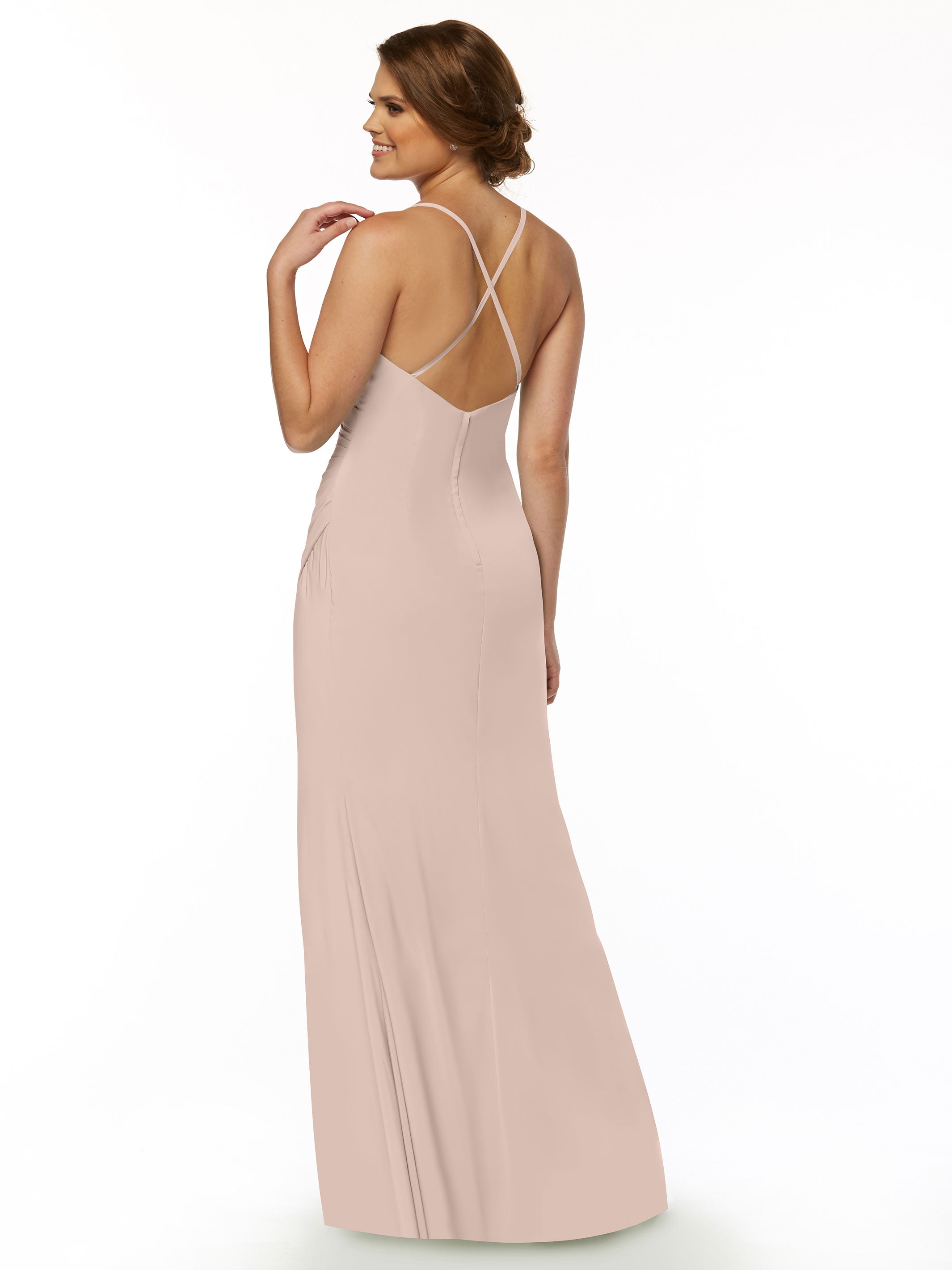 Elegant 80114 Stretch Chiffon Sheath Bridesmaid Dress with Ruching & High Slit - Perfect for Weddings, Formal Events & Evening Parties