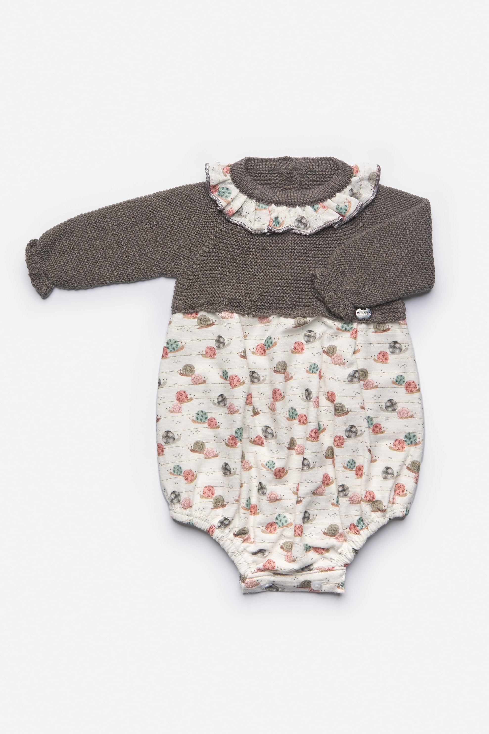 Sloan Charcoal Half Knit Snail Print Romper - Stylish Baby Jumpsuit for Girls | Perfect for Playdates, Photoshoots & Everyday Wear