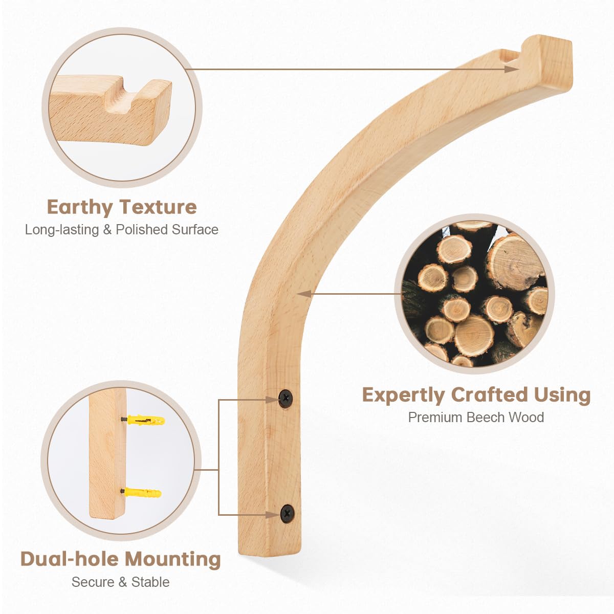 8-Inch Wooden Wall Plant Hangers (2 Pack) - Indoor Hanging Hooks for Planters, Lanterns, Wind Chimes - Perfect for Living Room, Bedroom, Balcony & Home Decor