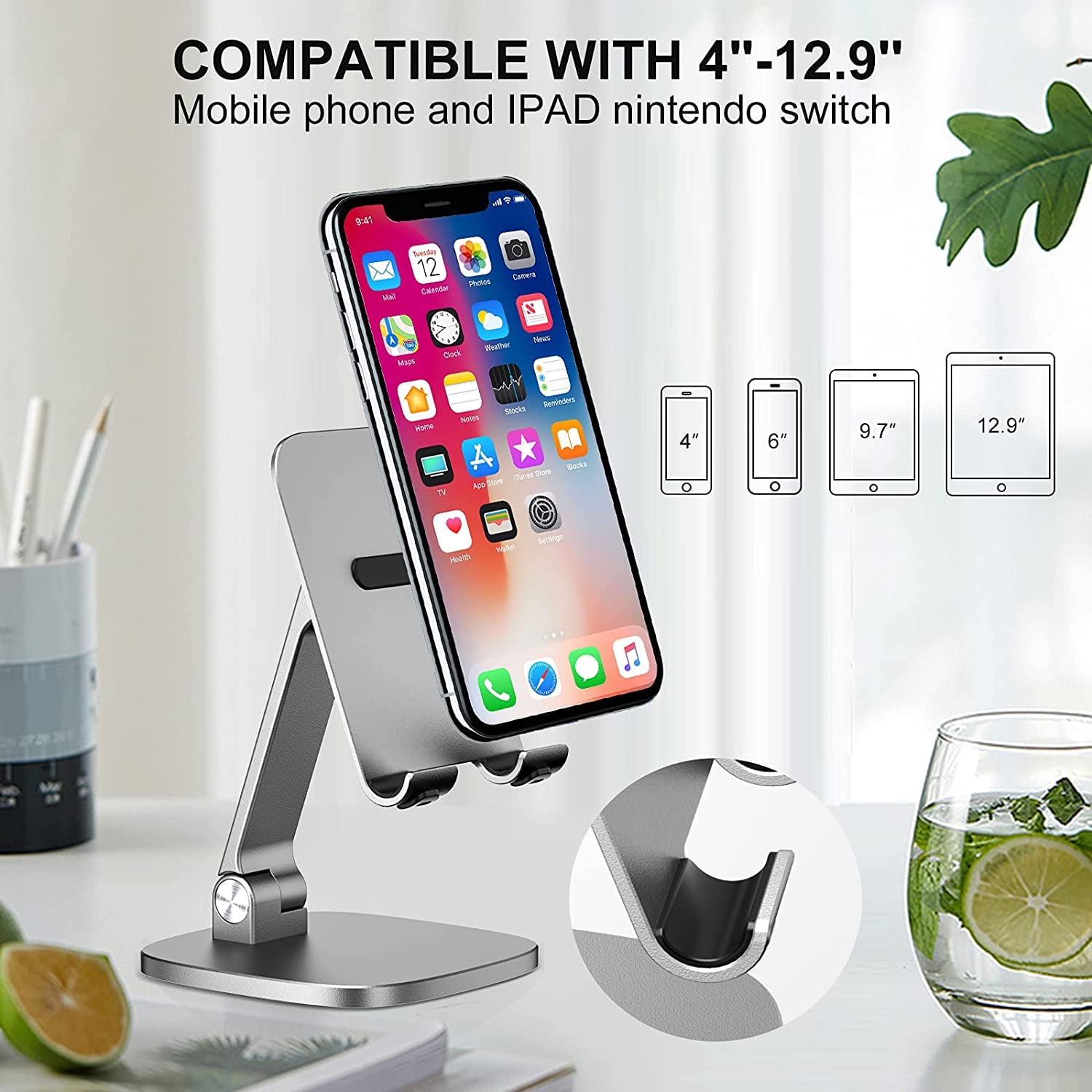 Adjustable Aluminum Phone Stand for Desk - Sturdy & Durable Smartphone Holder with Tilt & Height Control - Works with All Phones (Including Cased Phones) - Perfect for Home Office, Video Calls & Hands-Free Viewing