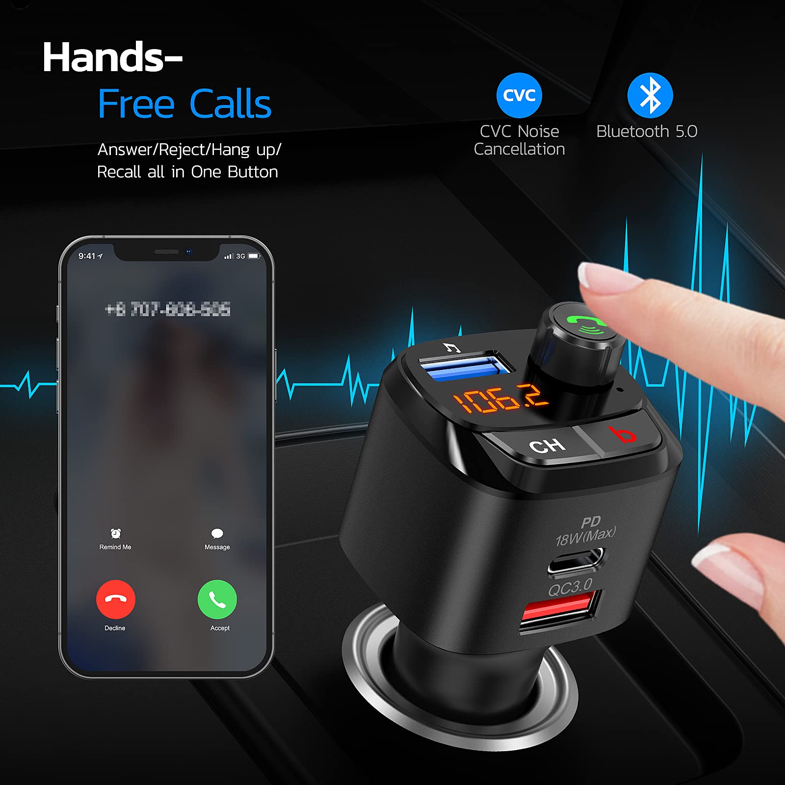 Nulaxy NX12 Bluetooth 5.0 FM Transmitter for Car with QC3.0 & USB-C PD 18W Fast Charging | Wireless Bluetooth Radio Adapter | Hands-Free Calling & Bass Boost Music Player | Perfect for Road Trips & Commuting