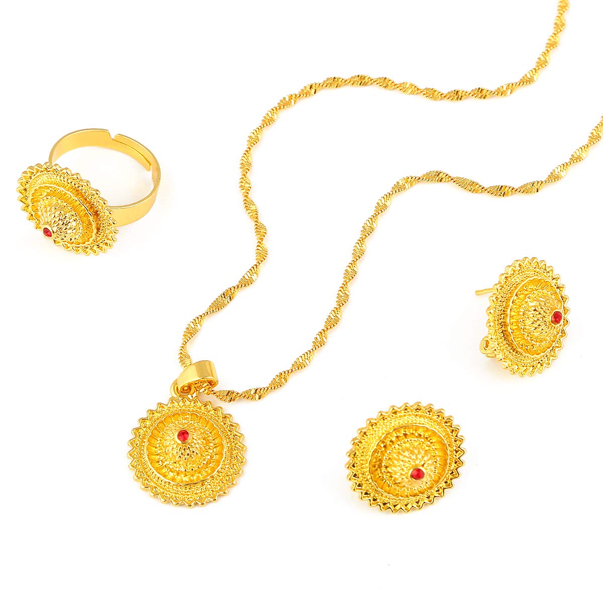 Ethiopian Gold Jewelry Set - Handmade African Habesha Necklace, Earrings & Ring with Genuine Stone | Perfect for Weddings, Parties & Cultural Celebrations