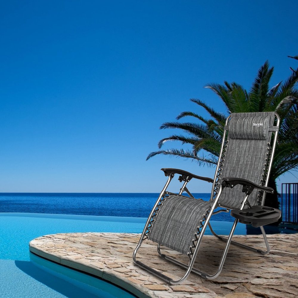 Bonnlo Zero Gravity Chair Set of 2 - Adjustable Outdoor Lounge Chairs with Comfortable Pillow & Cup Holder - Patio, Lawn, Deck, Beach, Backyard Recliners for Relaxing, Sunbathing & Camping